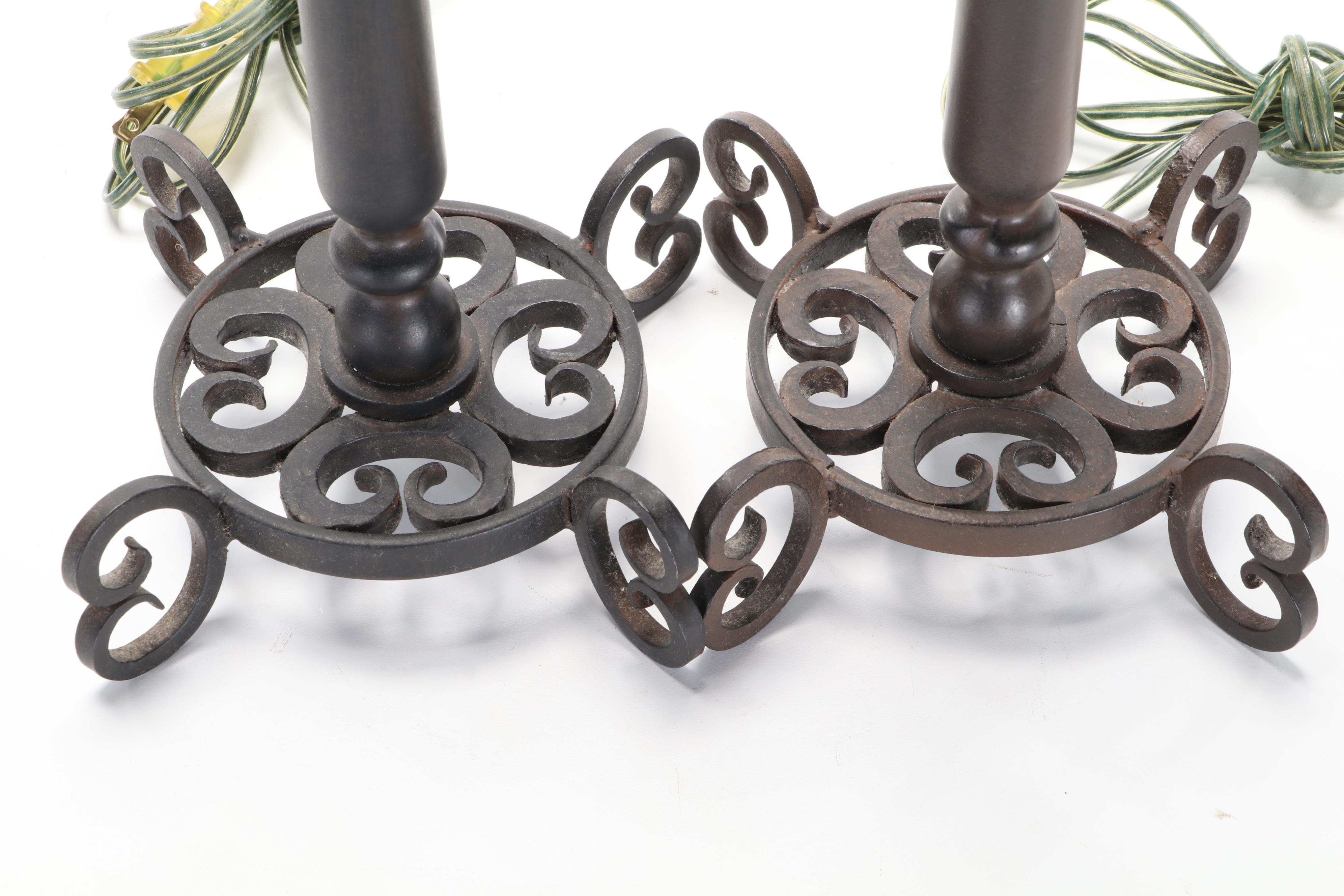 Pair of Contemporary Blackened Iron Table Lamps With Drum Shades