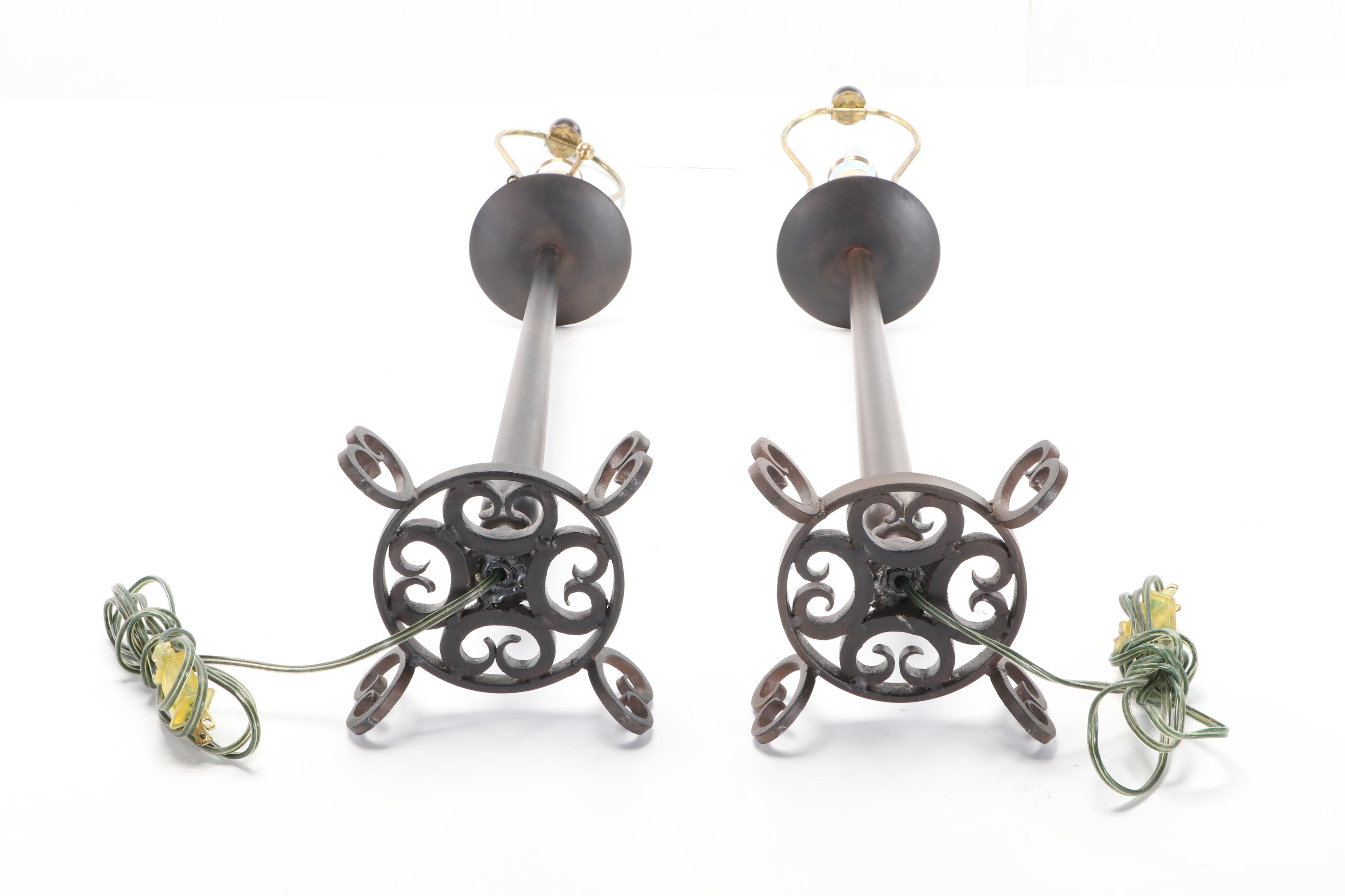 Pair of Contemporary Blackened Iron Table Lamps With Drum Shades