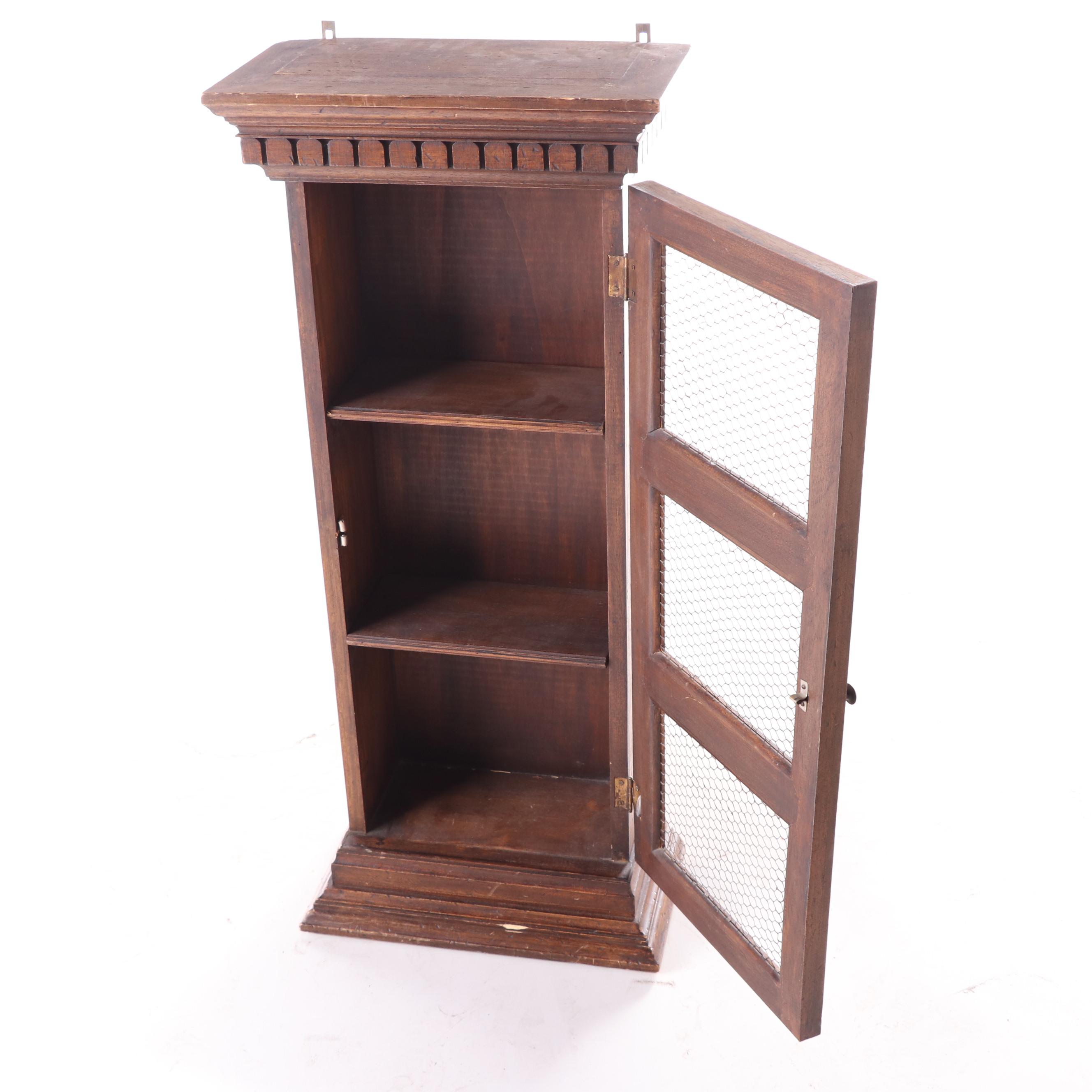 Small Neoclassical Style Walnut-Stained and Wire Mesh Cabinet