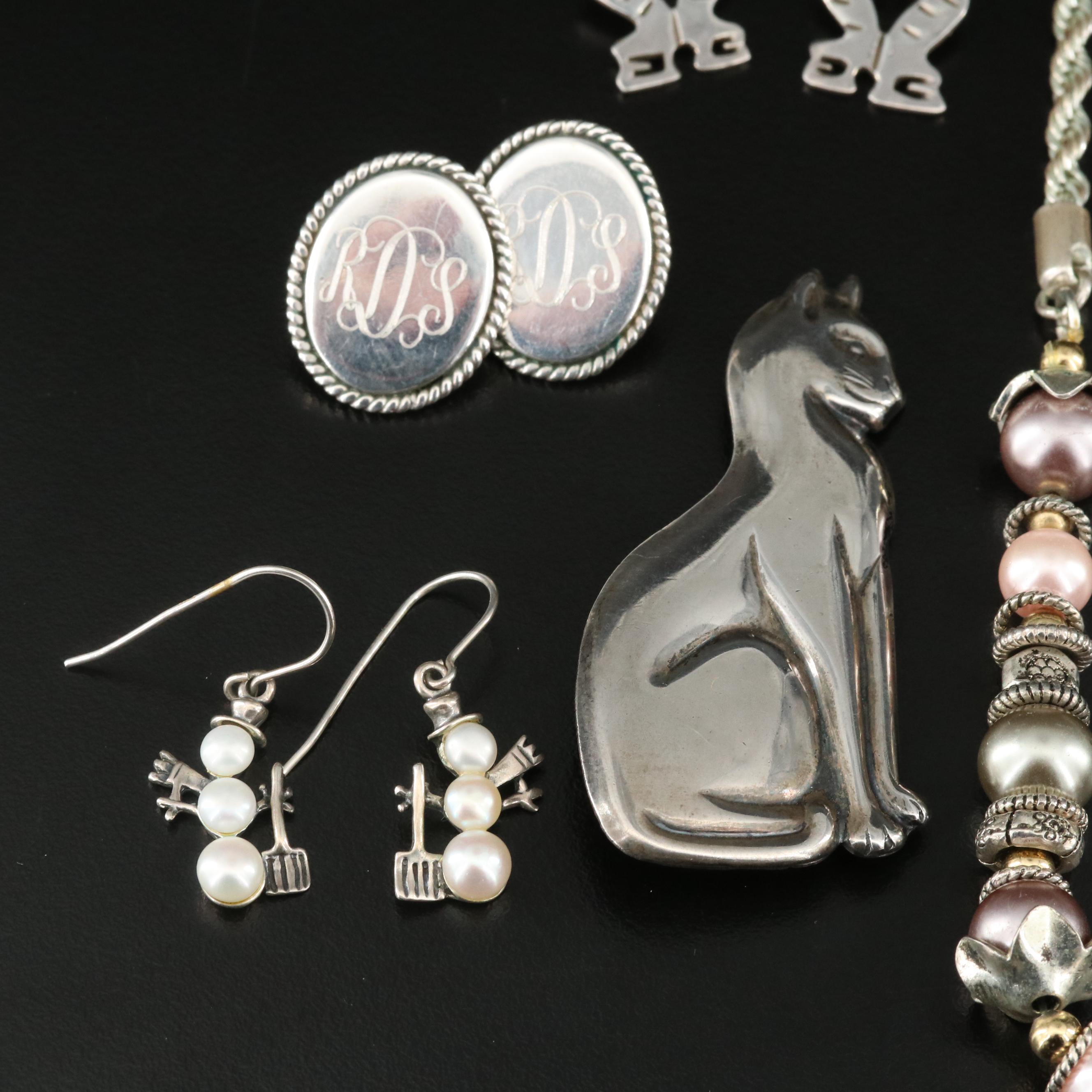 Cat Grouping Including Sterling, Pearl and Faux Pearl