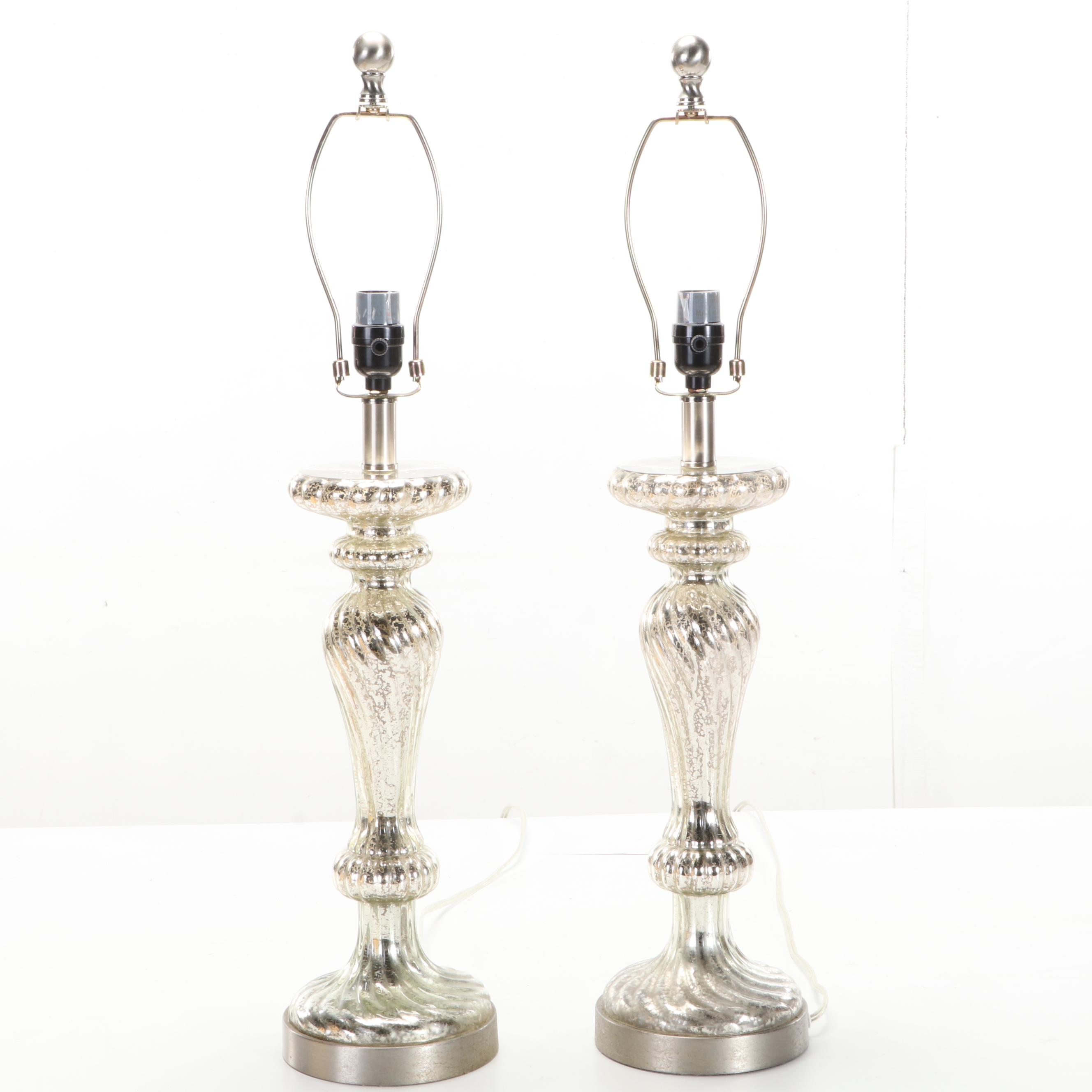 Pair of Mercury Glass Spiral Table Lamps, Contemporary