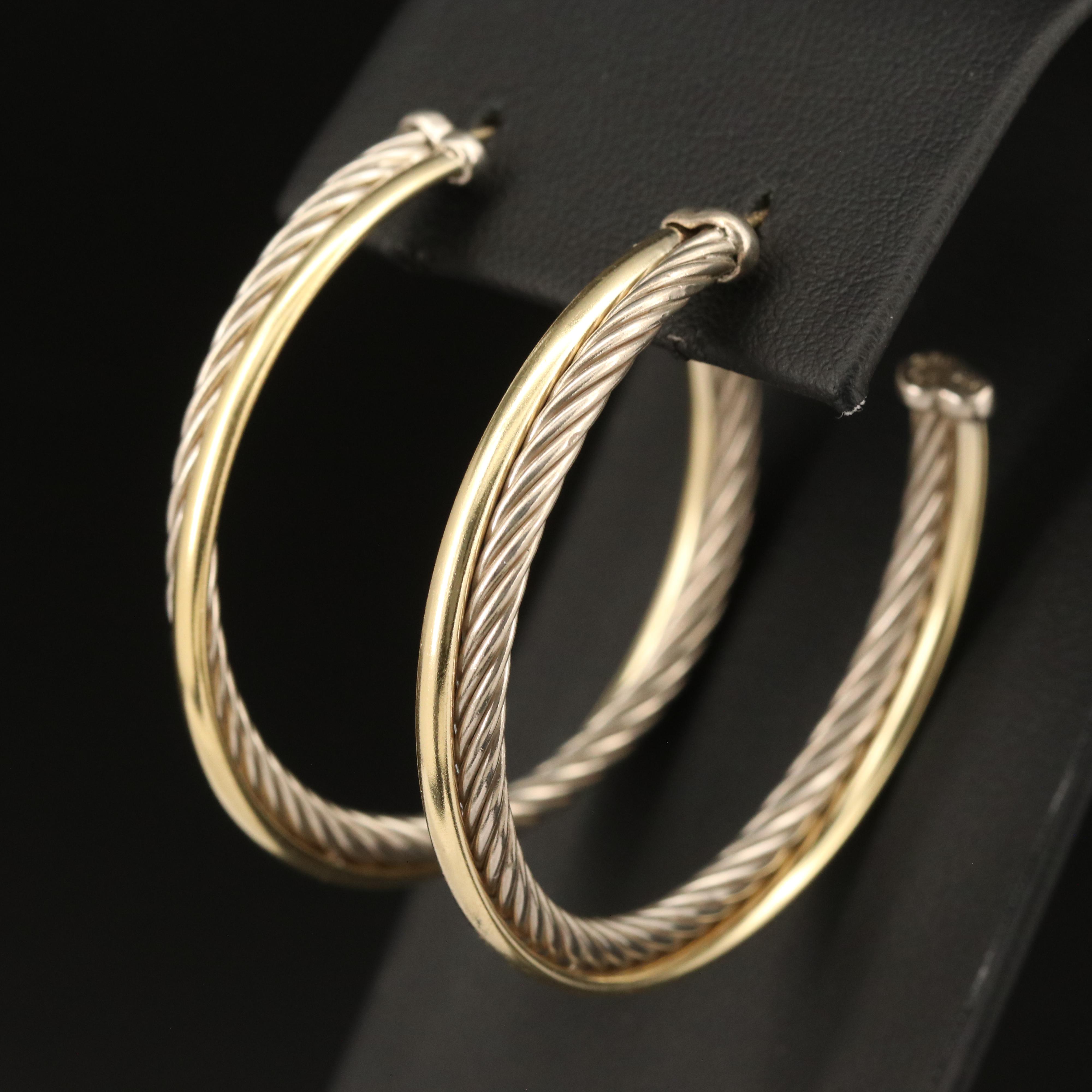 David Yurman Sterling and 18K Crossover Hoop Earrings