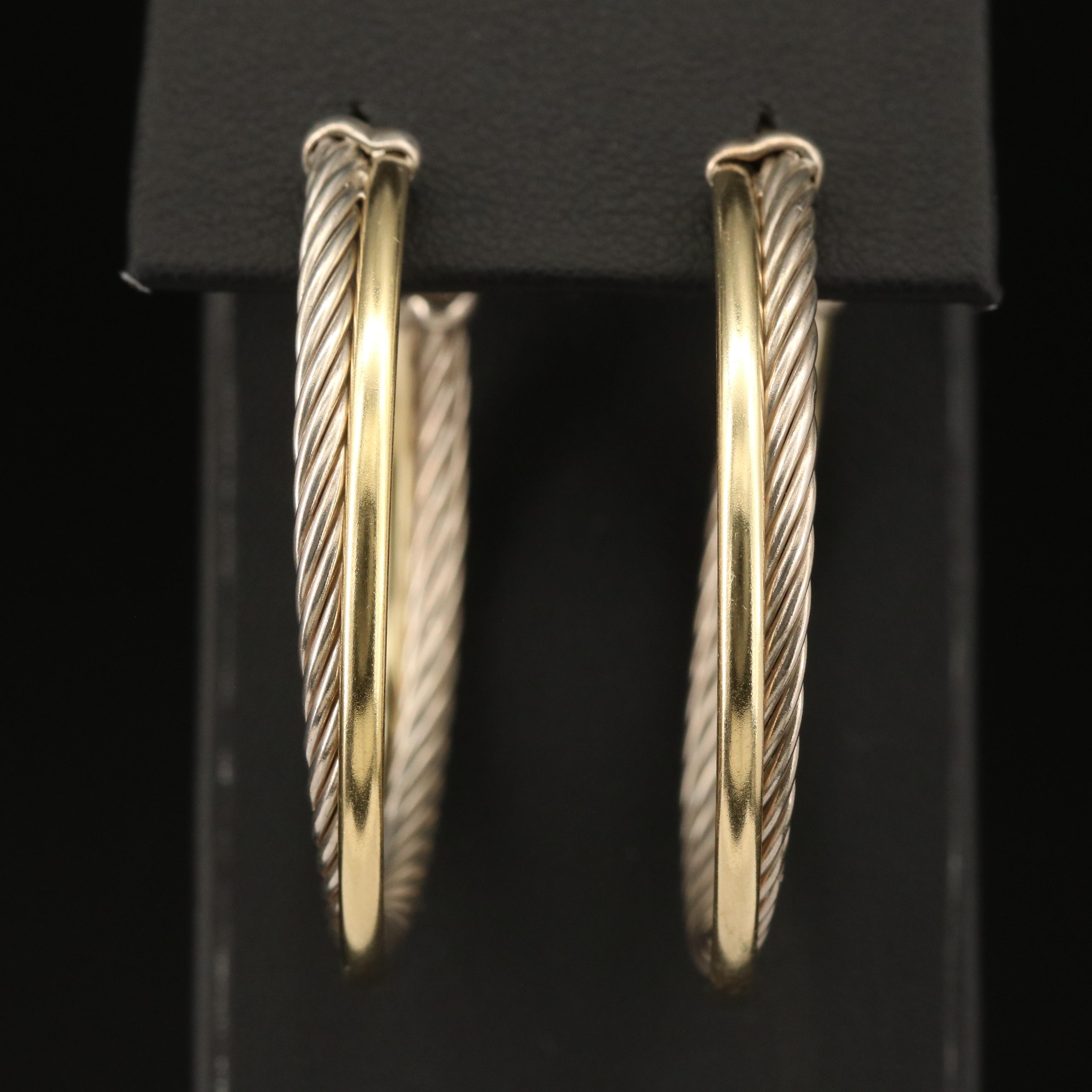 David Yurman Sterling and 18K Crossover Hoop Earrings