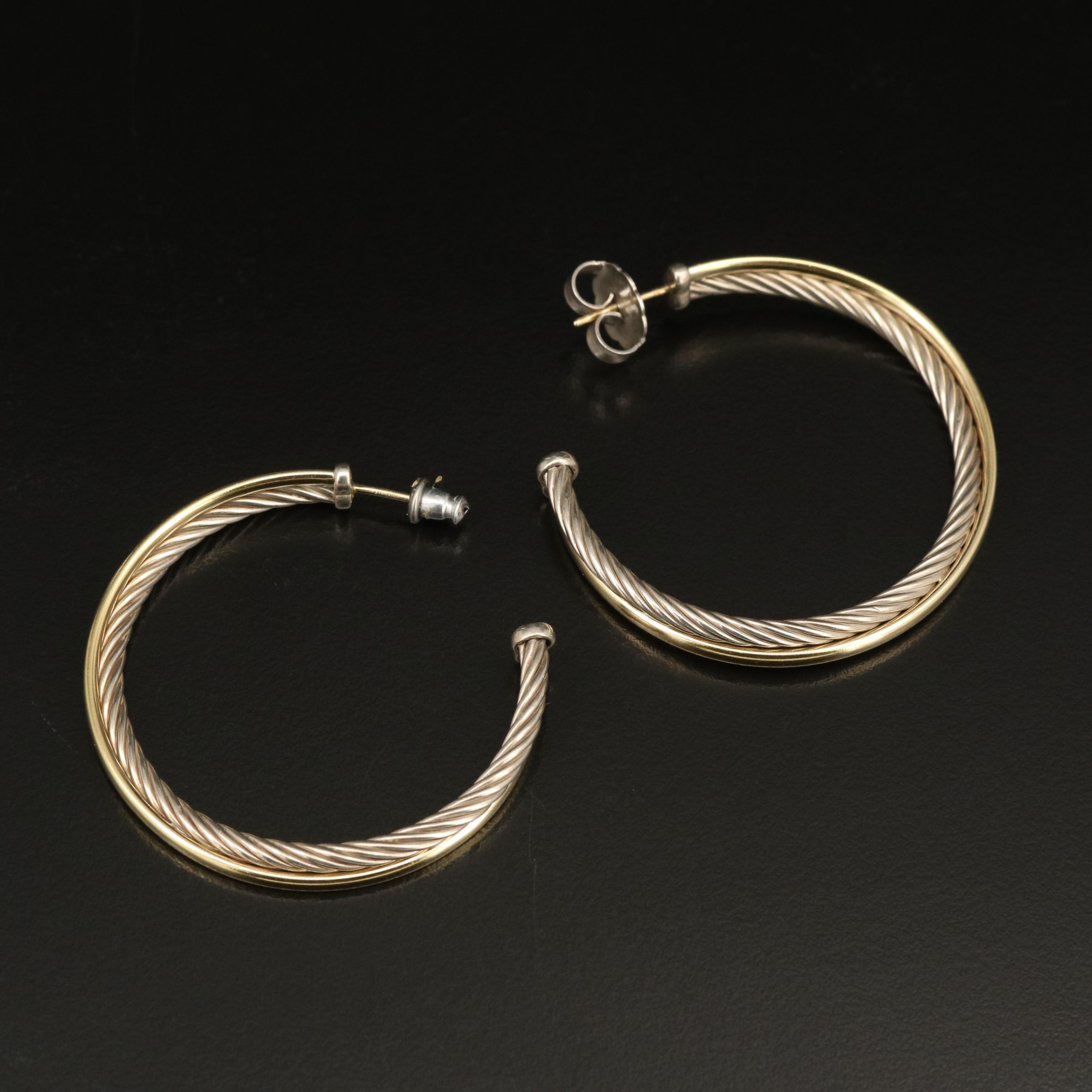 David Yurman Sterling and 18K Crossover Hoop Earrings