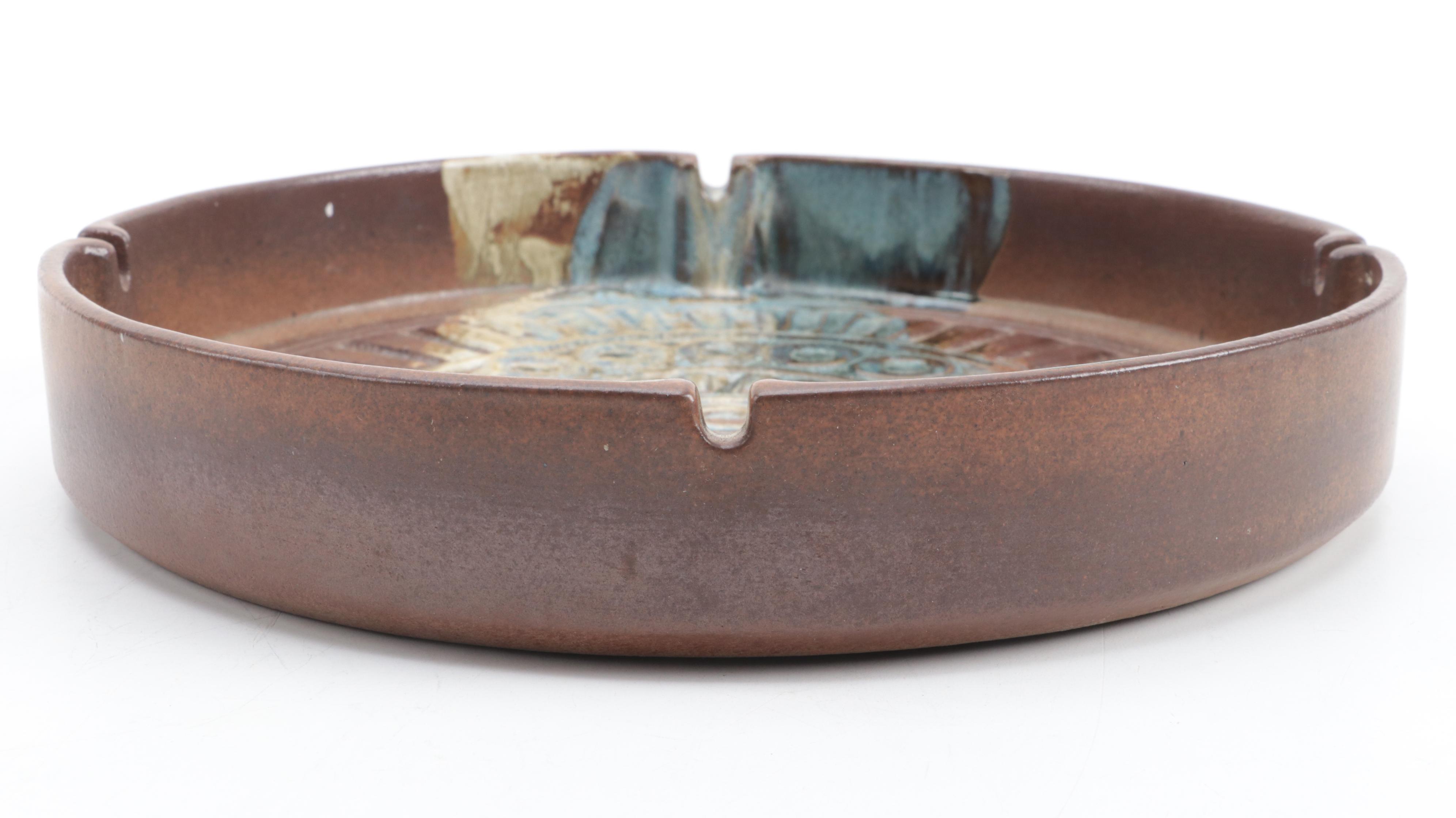 Pottery Craft Ashtray with Glazed Jug and Incised Decorated Pot