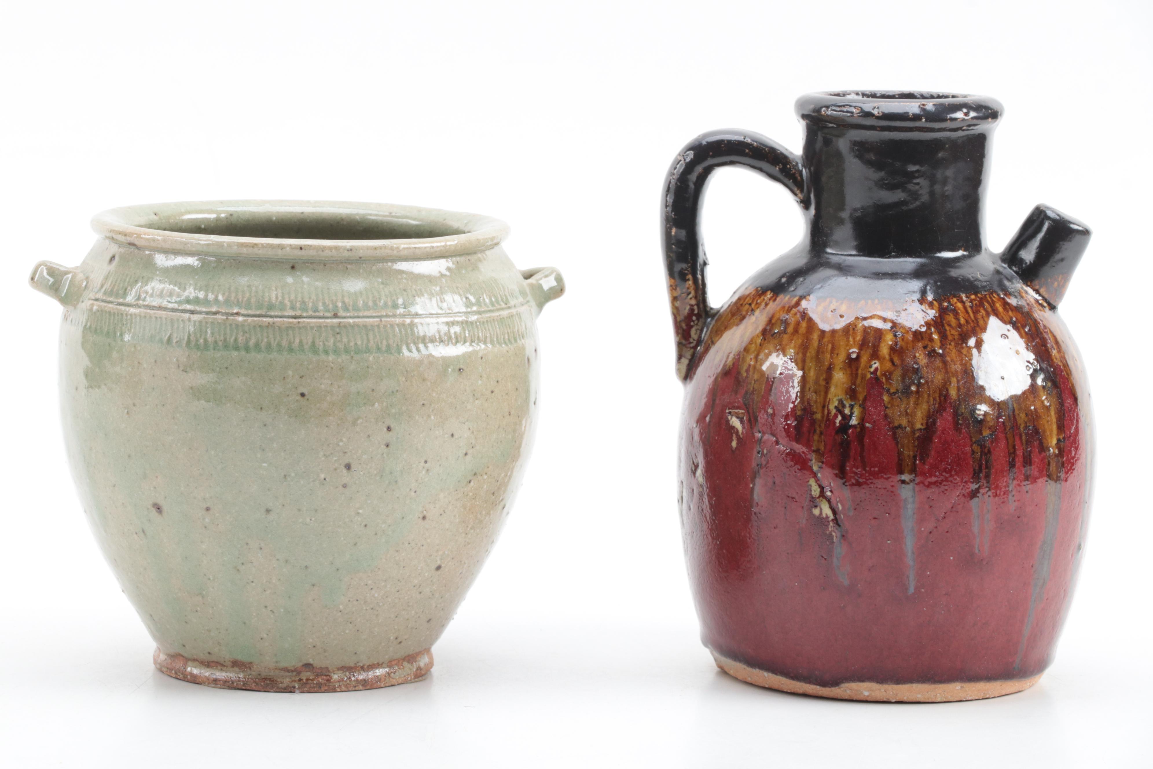 Pottery Craft Ashtray with Glazed Jug and Incised Decorated Pot