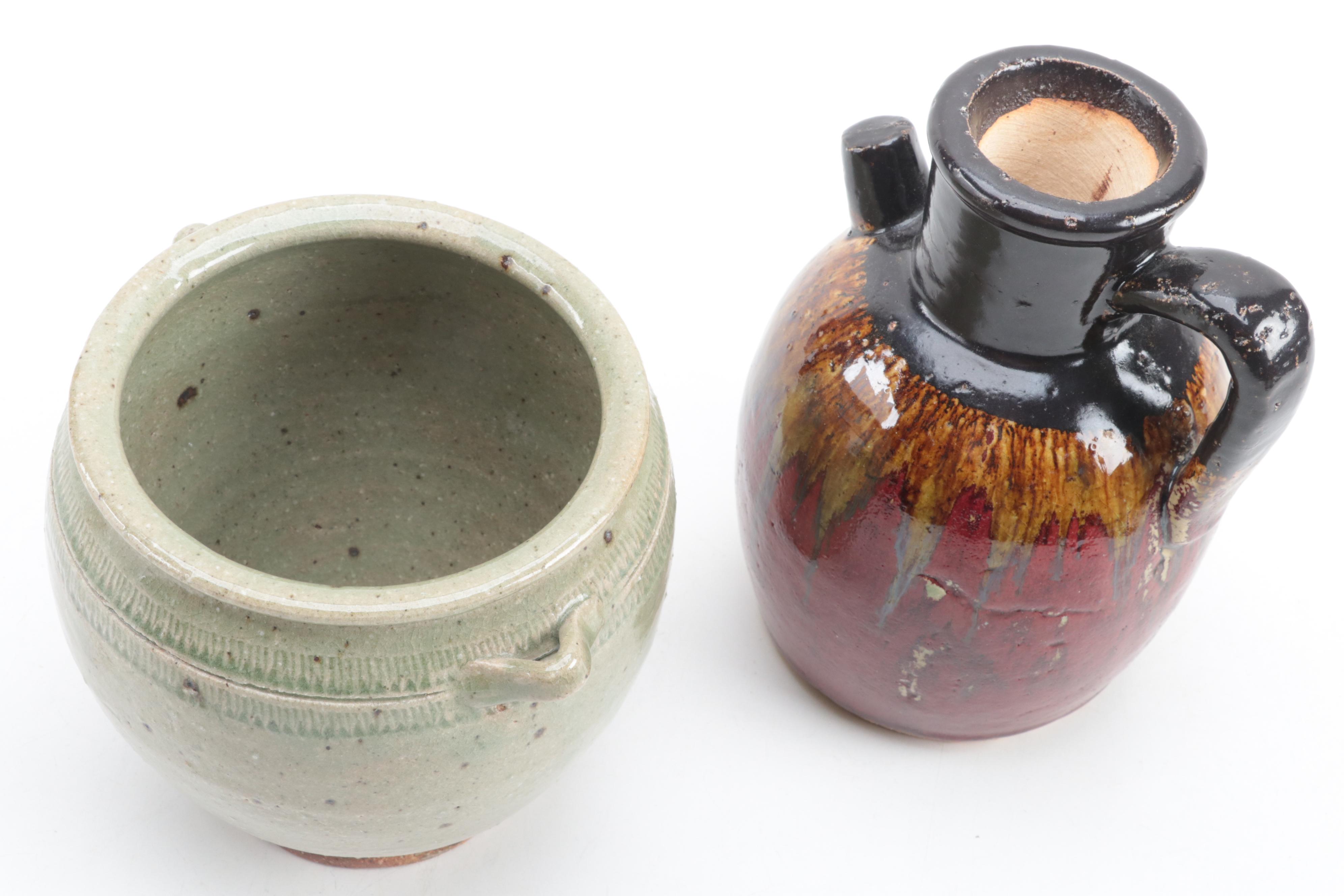 Pottery Craft Ashtray with Glazed Jug and Incised Decorated Pot