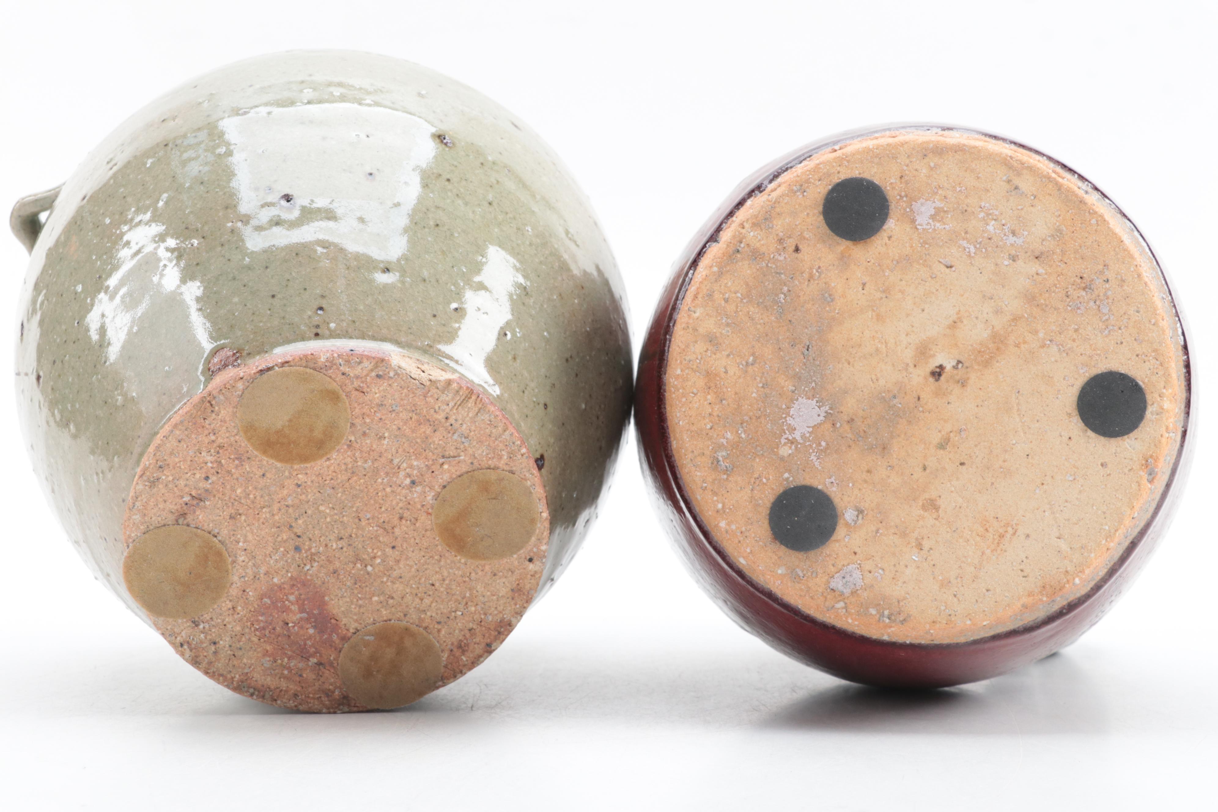 Pottery Craft Ashtray with Glazed Jug and Incised Decorated Pot