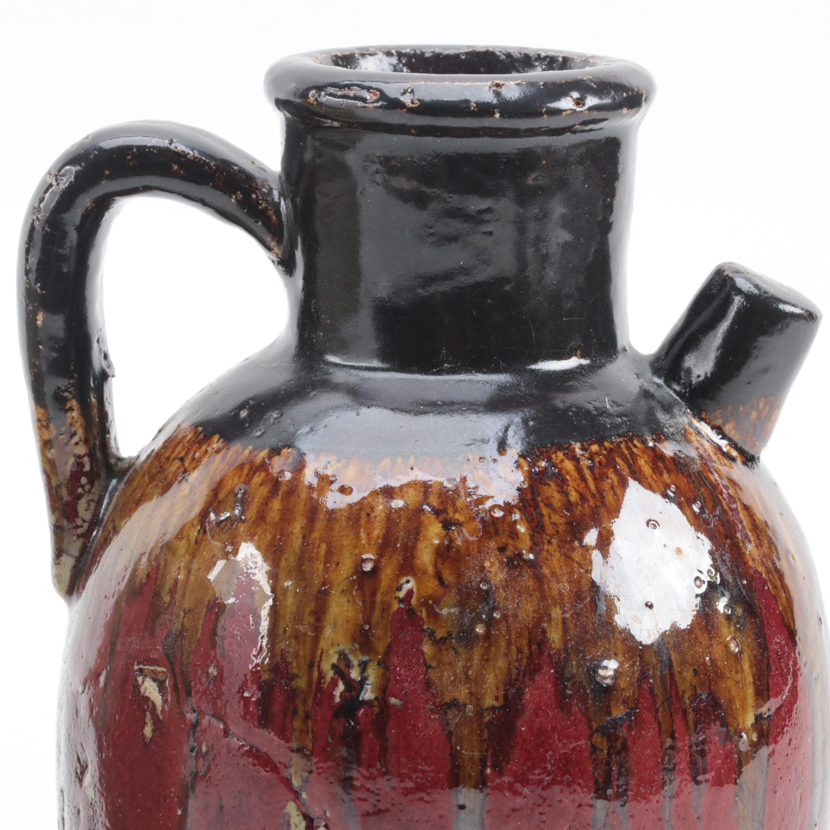 Pottery Craft Ashtray with Glazed Jug and Incised Decorated Pot