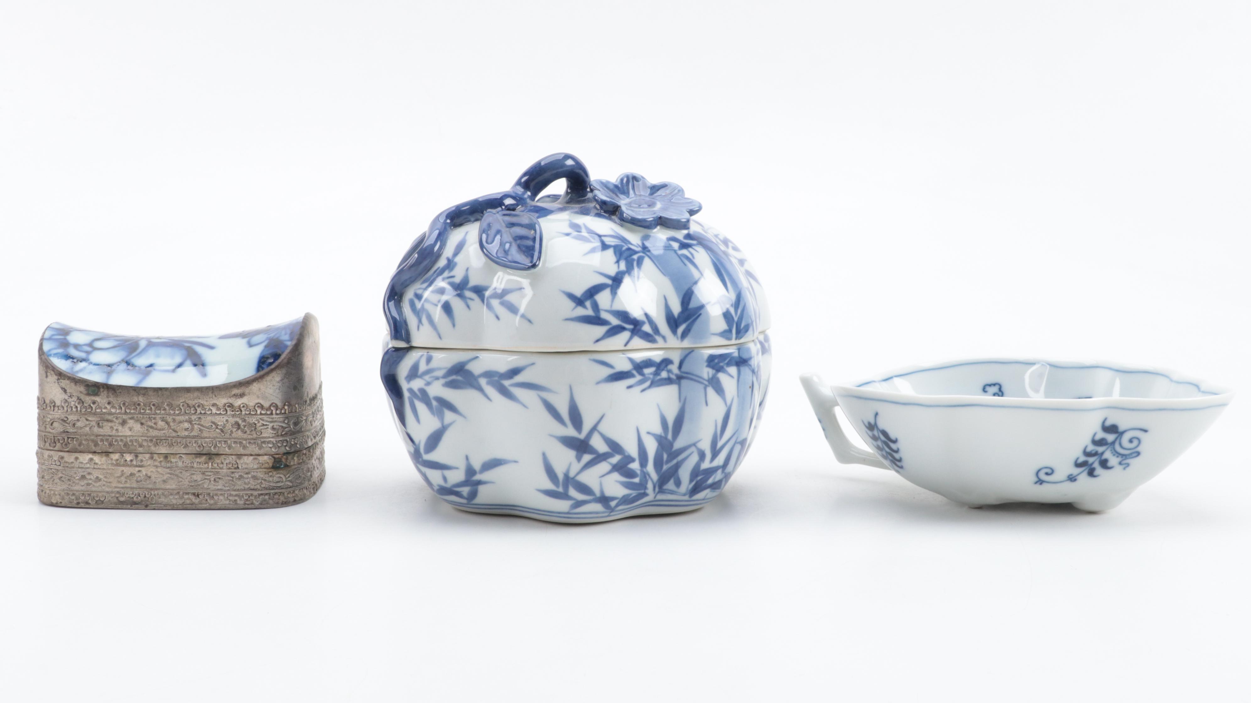 Japanese Blue and White Porcelain Teapot with Other Tableware