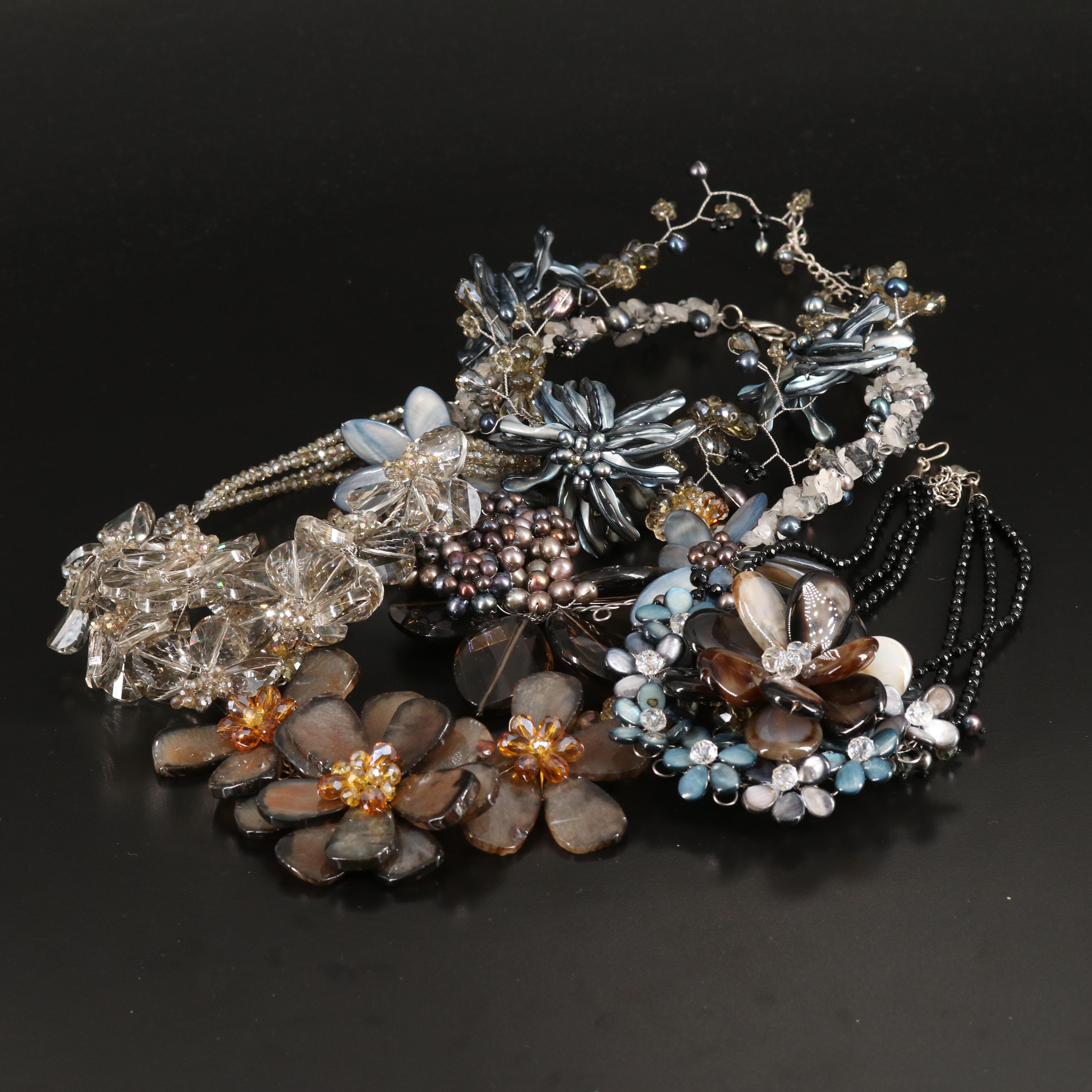 Pearl, Sagenitic Quartz and Mother-of-Pearl Featured in Floral Necklaces