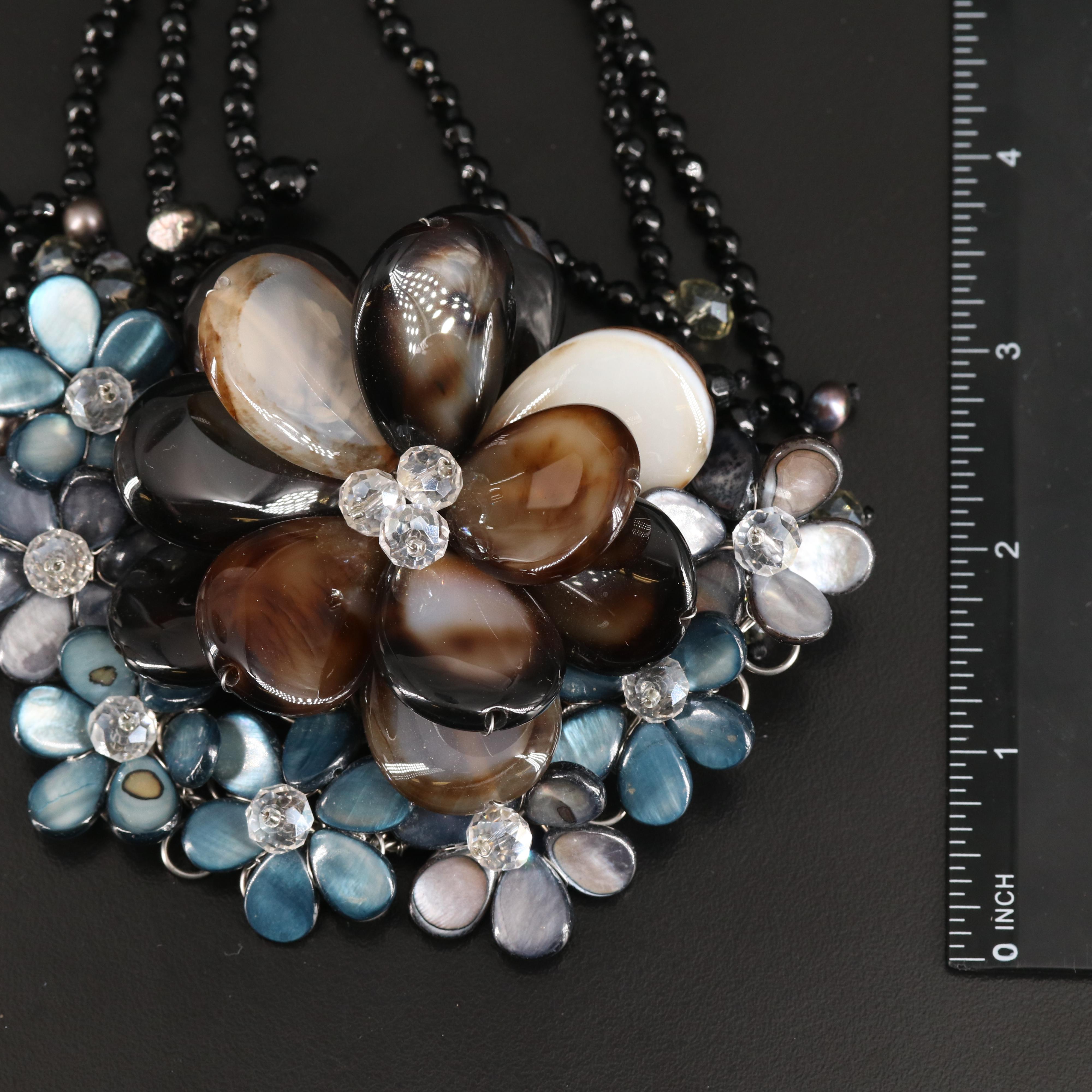 Pearl, Sagenitic Quartz and Mother-of-Pearl Featured in Floral Necklaces