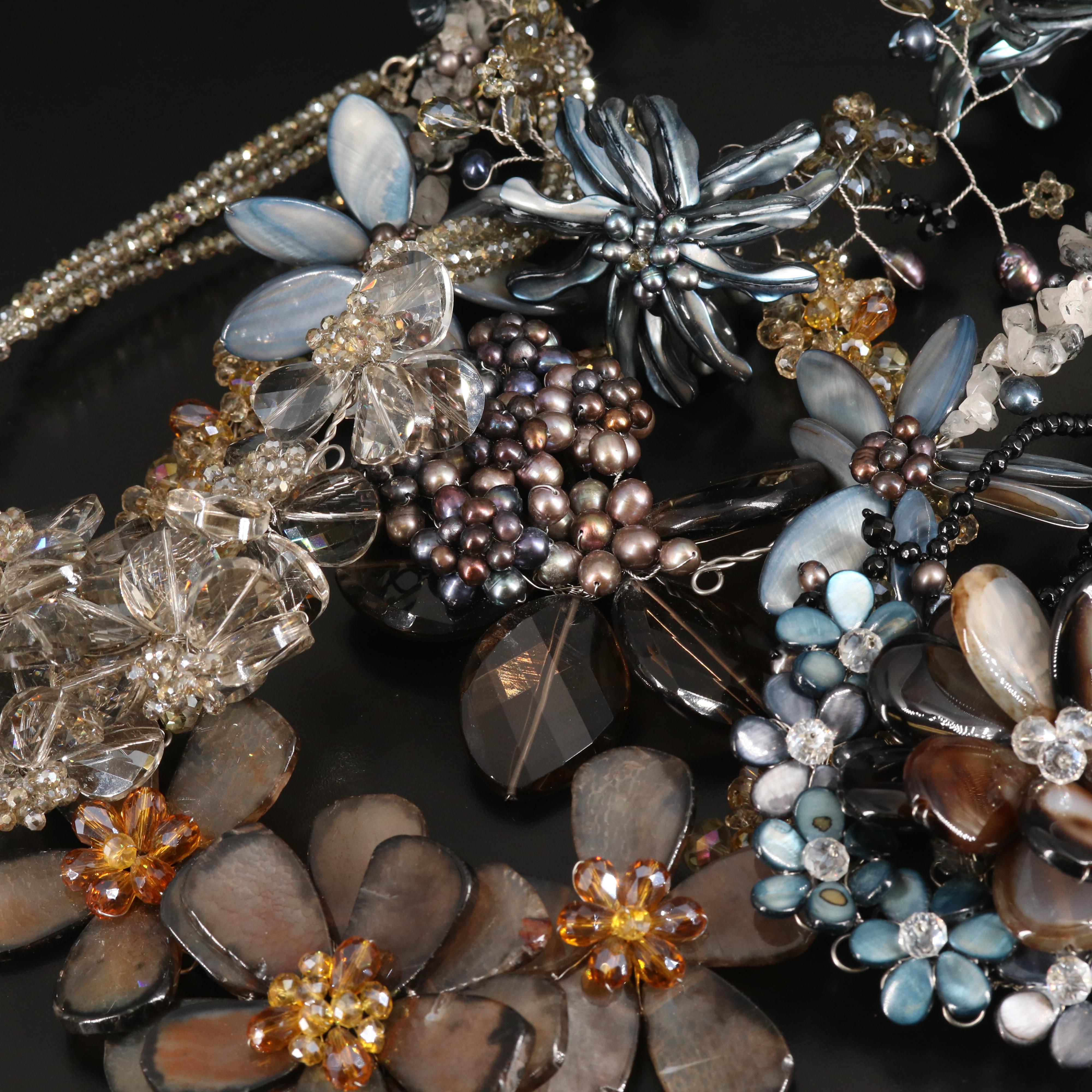 Pearl, Sagenitic Quartz and Mother-of-Pearl Featured in Floral Necklaces