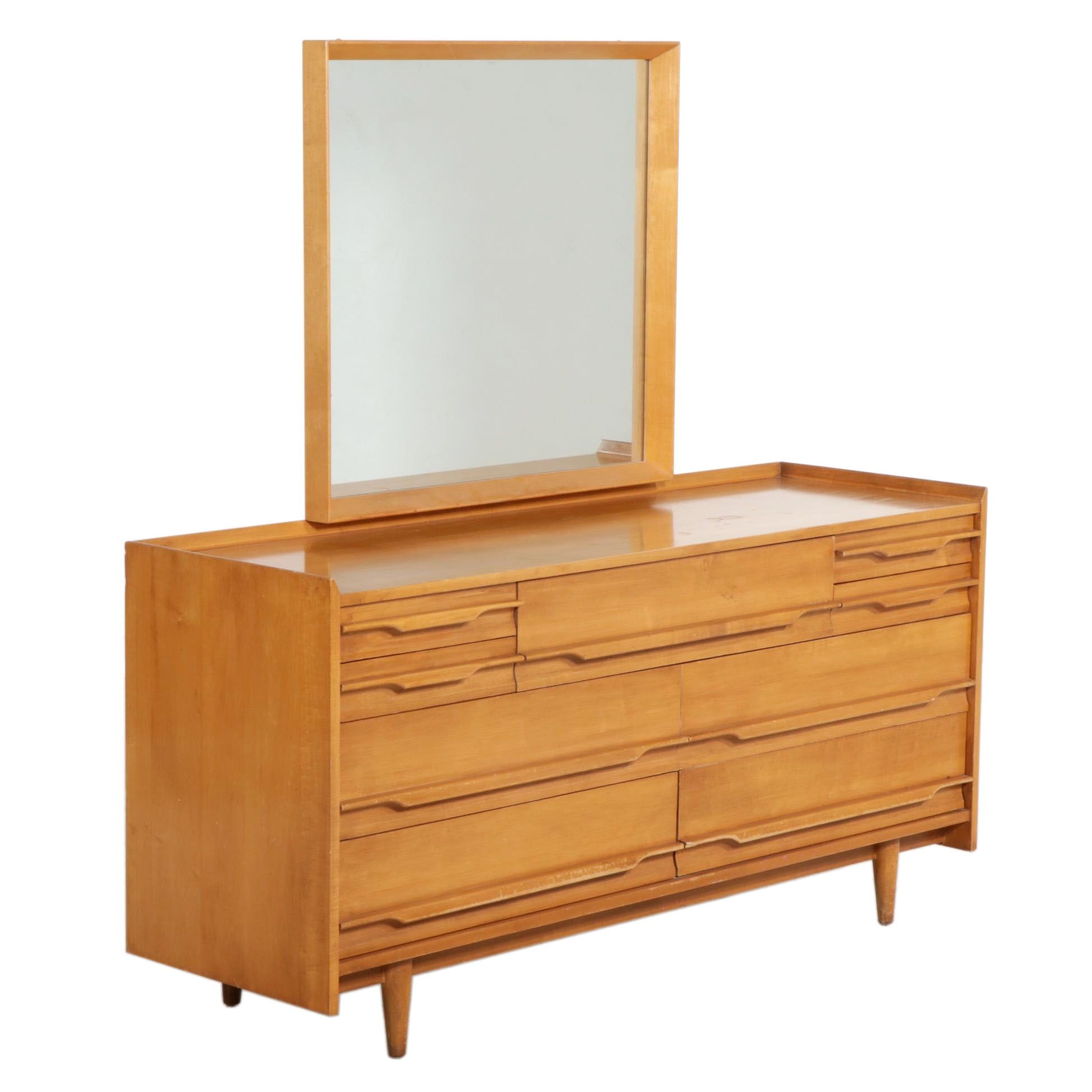 Crawford Furniture Mid Century Modern Maple Nine-Drawer Dresser and Mirror