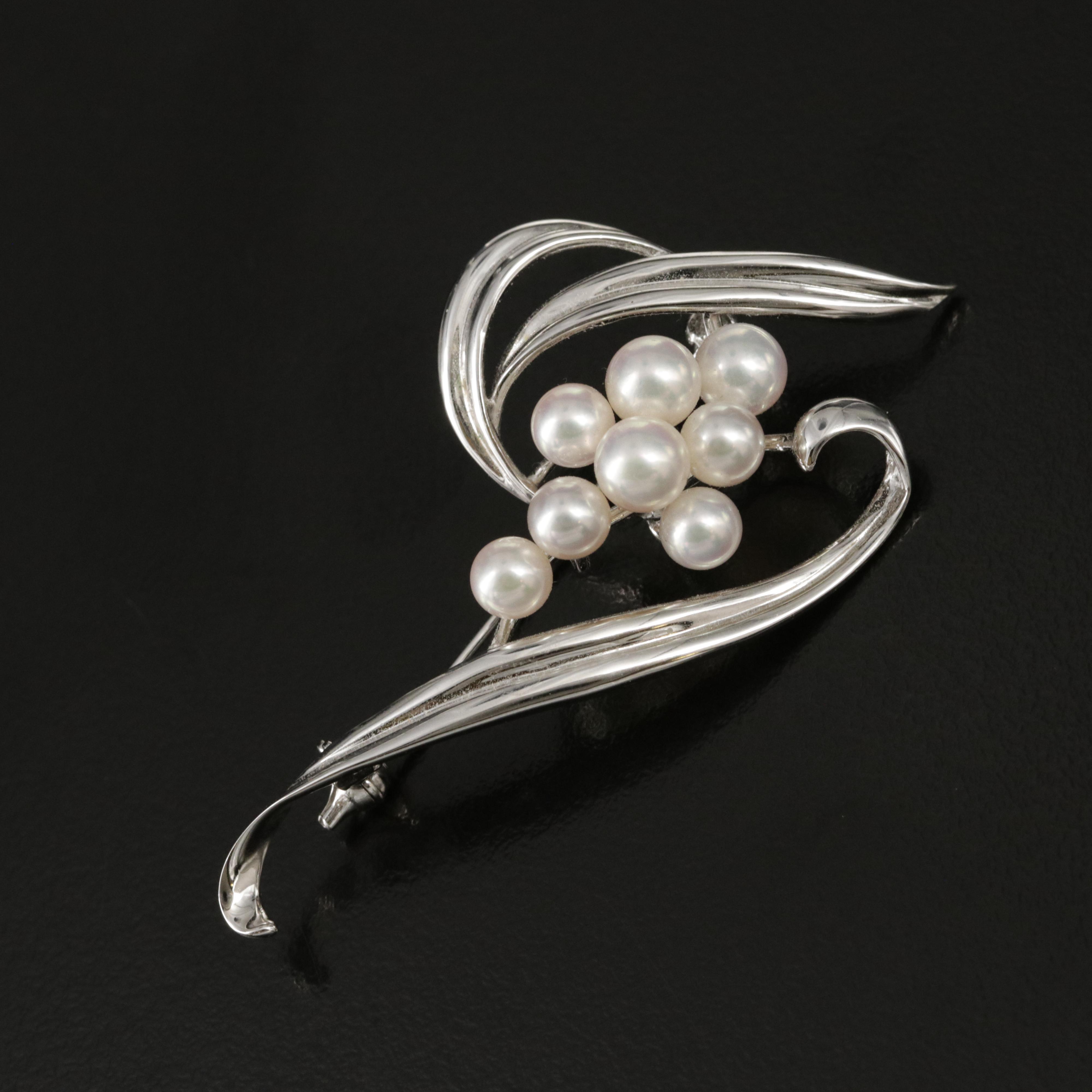 1960s Mikimoto Sterling Pearl Spray Brooch