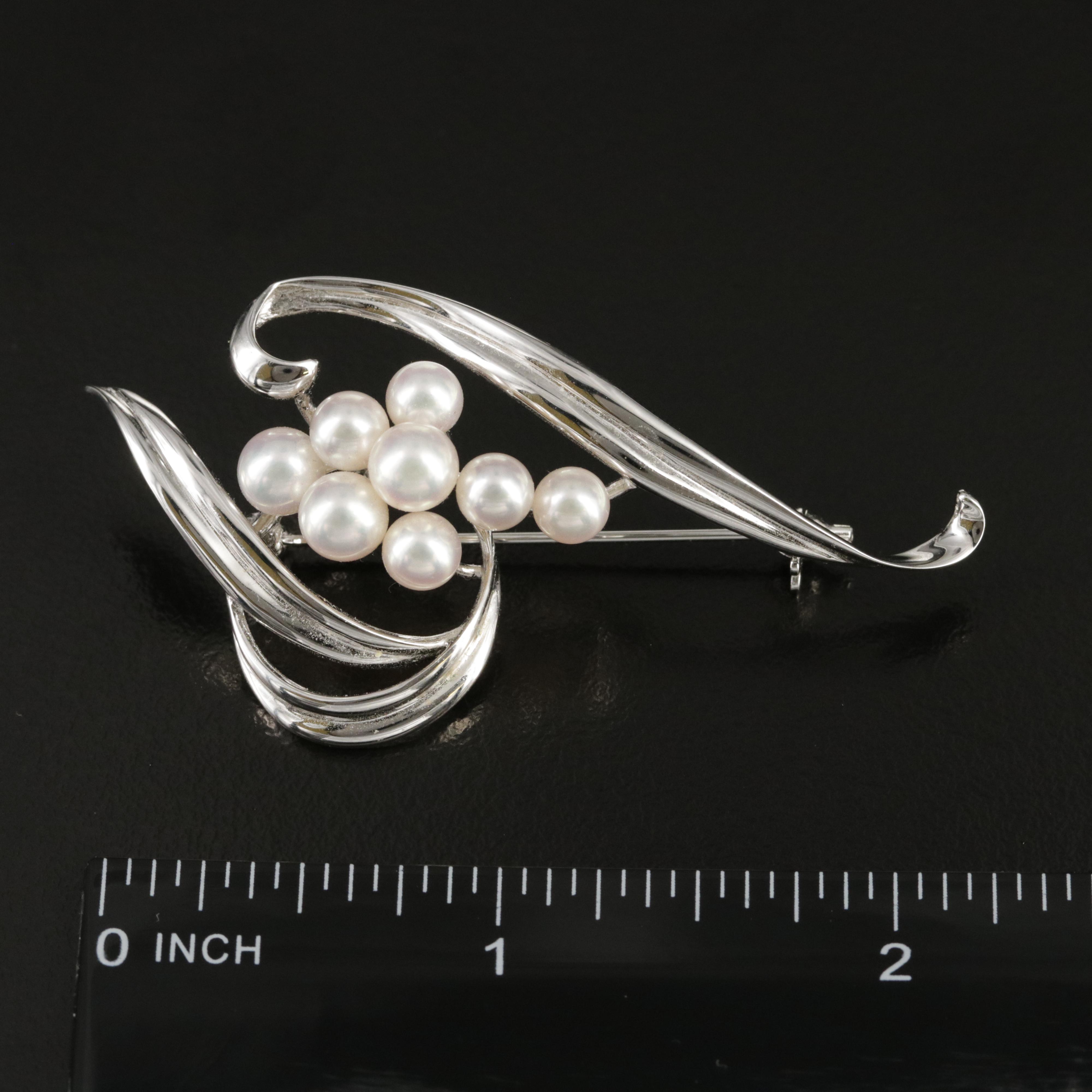 1960s Mikimoto Sterling Pearl Spray Brooch