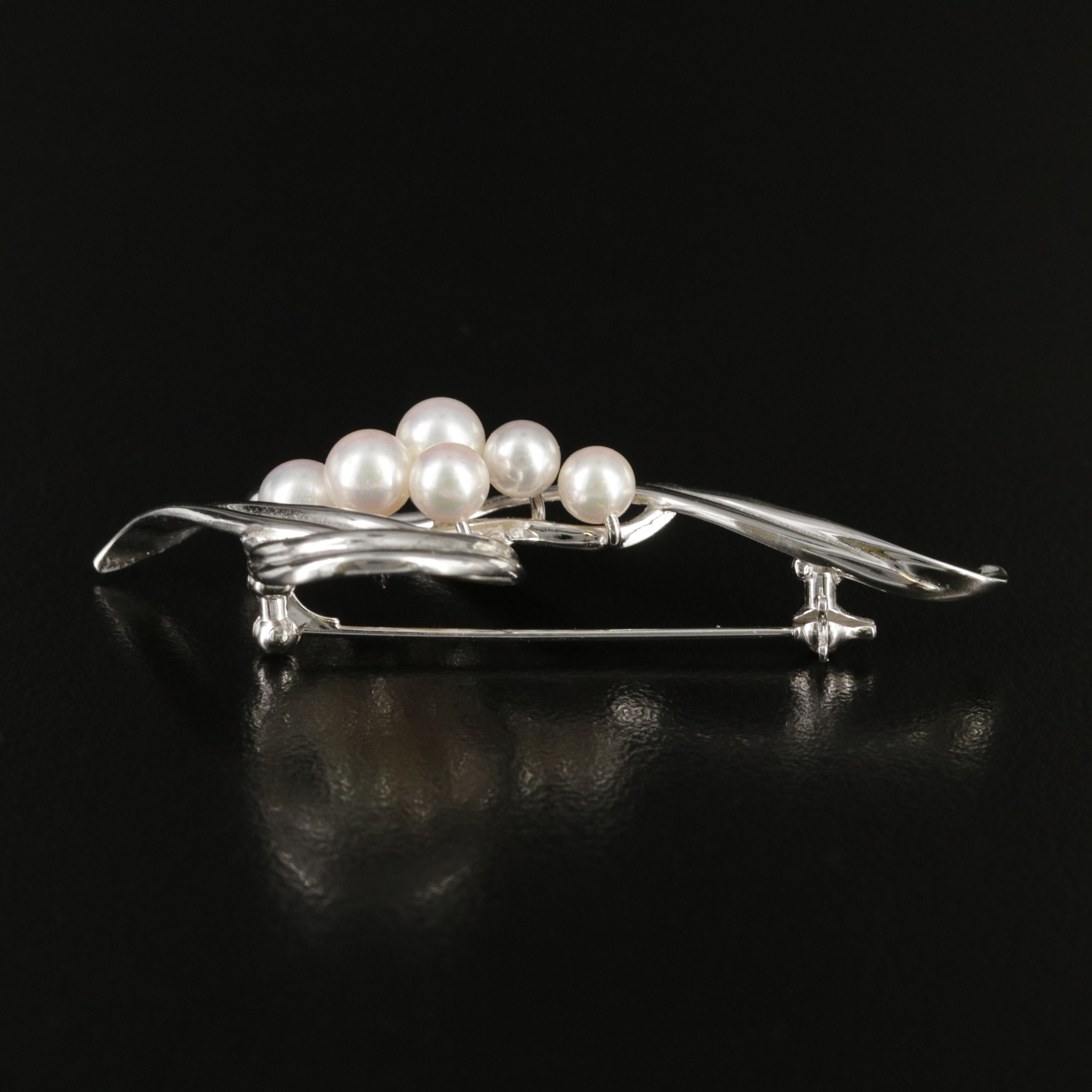 1960s Mikimoto Sterling Pearl Spray Brooch