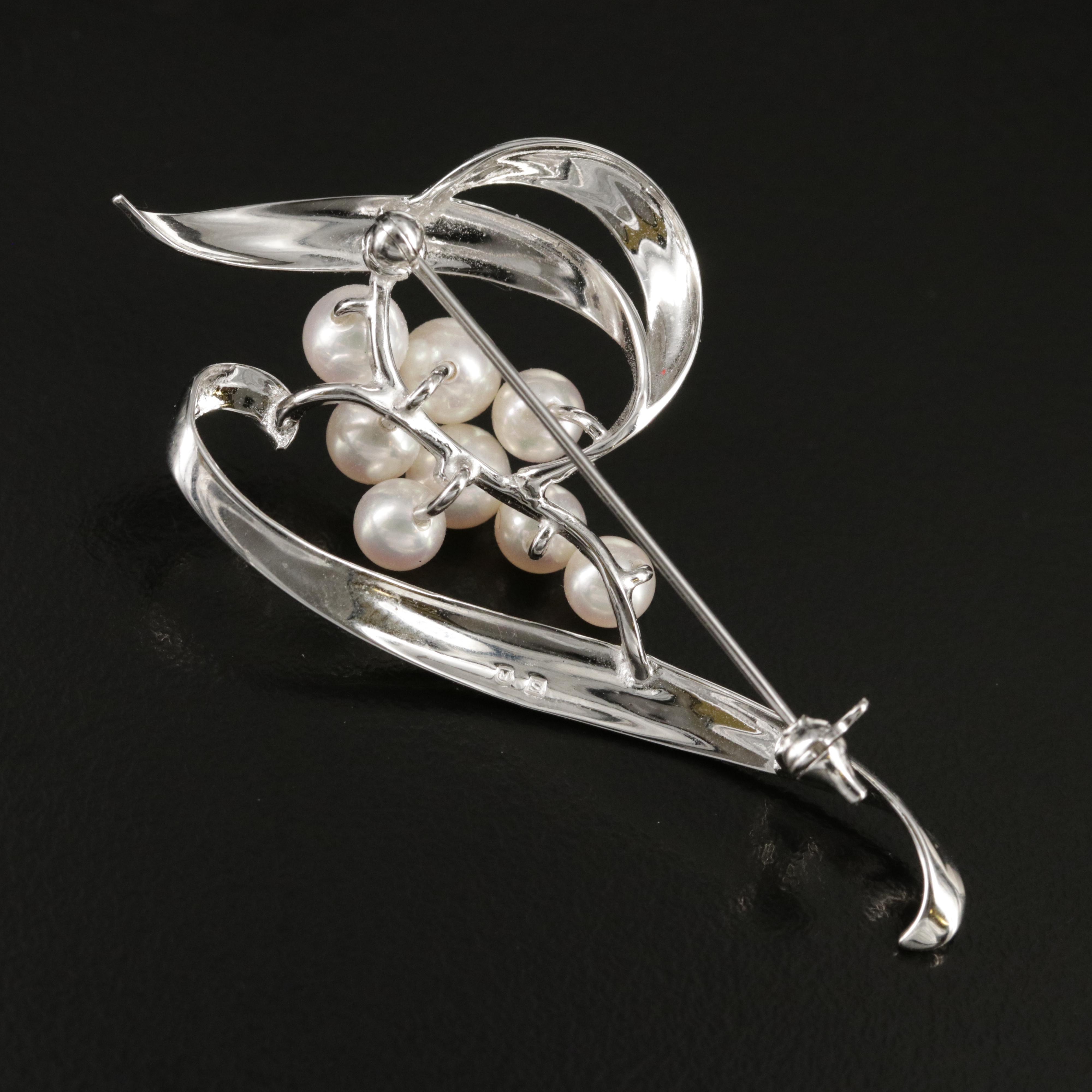 1960s Mikimoto Sterling Pearl Spray Brooch