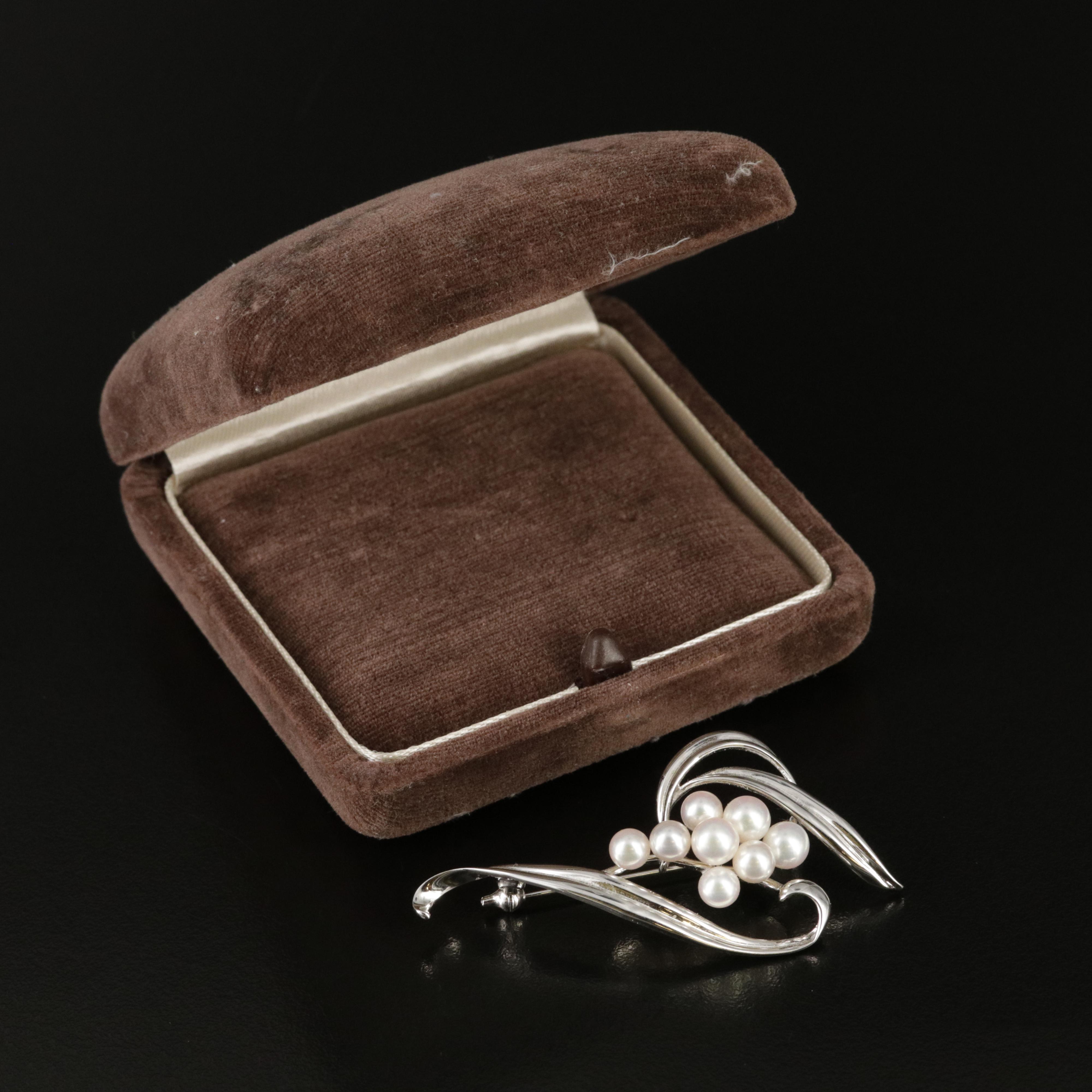 1960s Mikimoto Sterling Pearl Spray Brooch