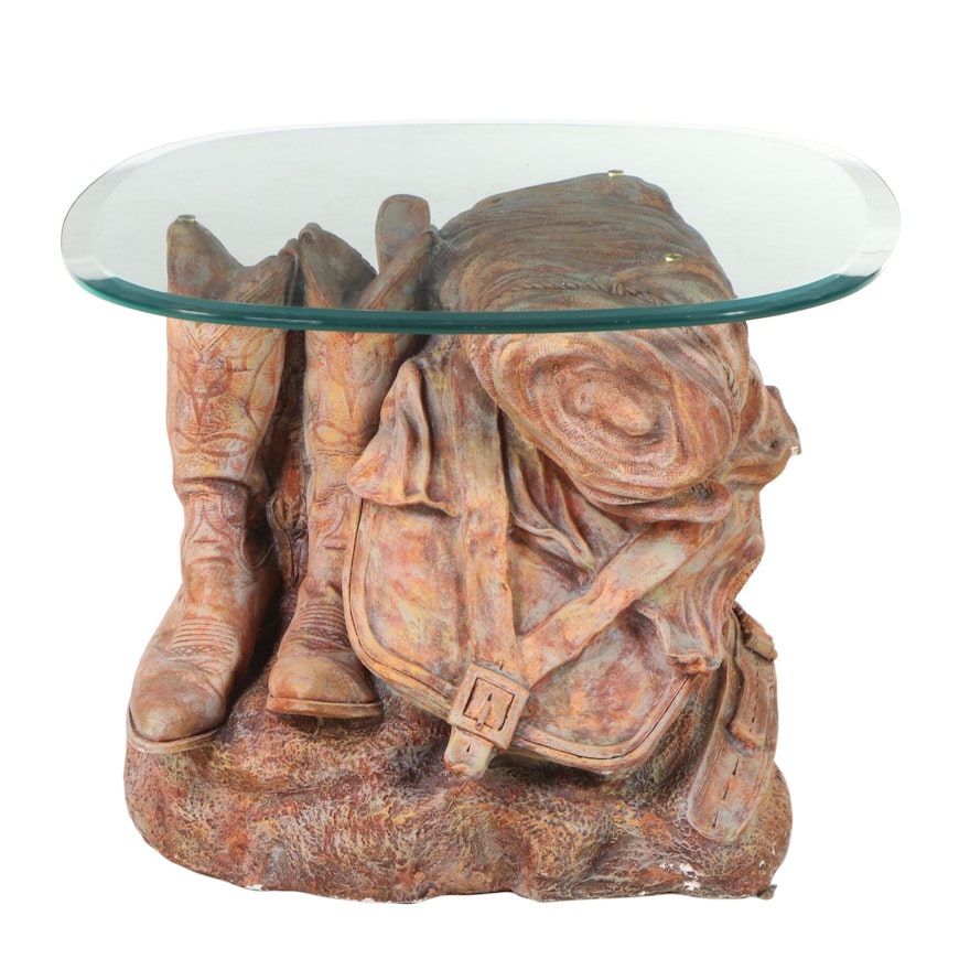 Cast Plaster Cowboy Gear with Boots Figural End Table with Glass Top