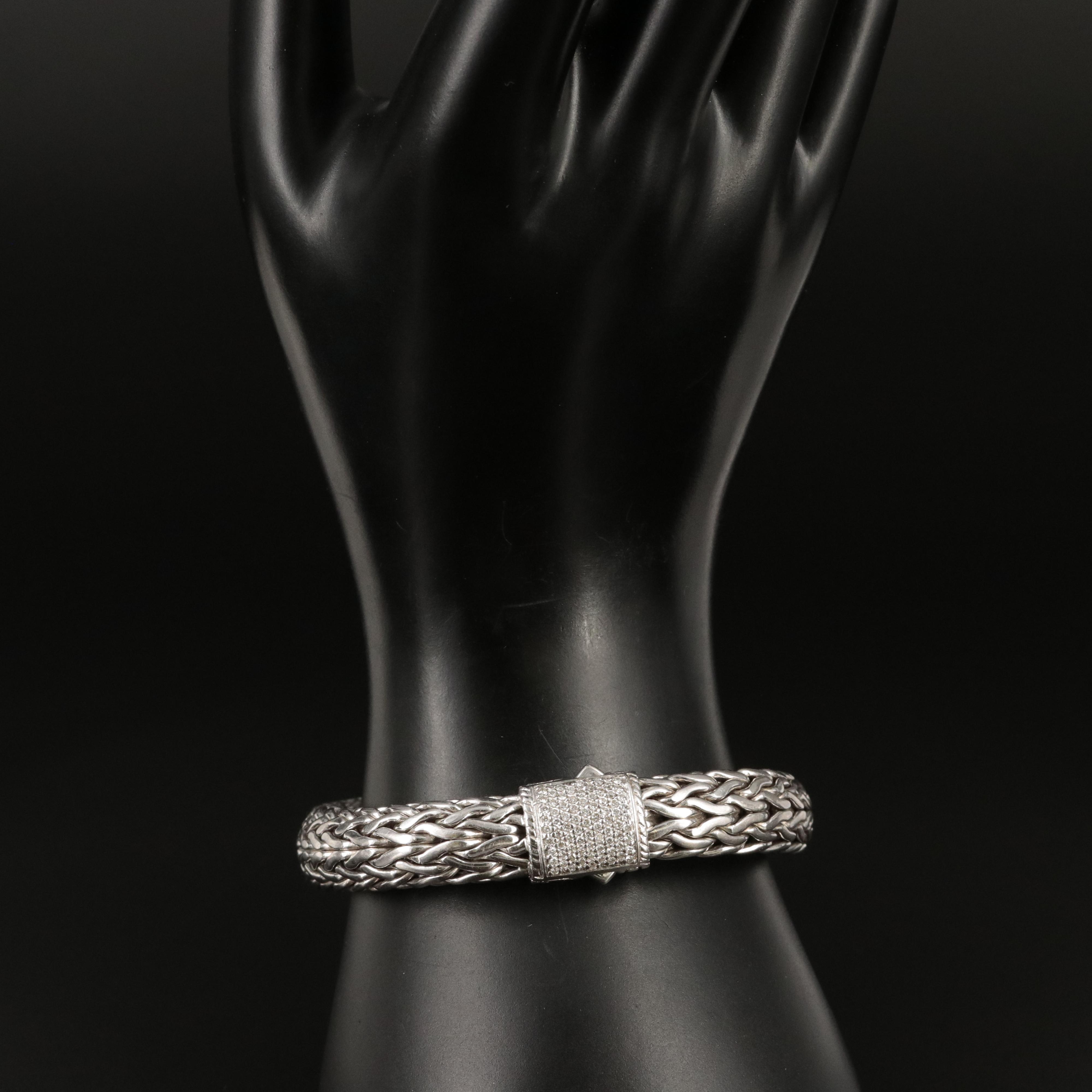 John Hardy "Classic" Large Chain Bracelet with Diamond Clasp in Sterling