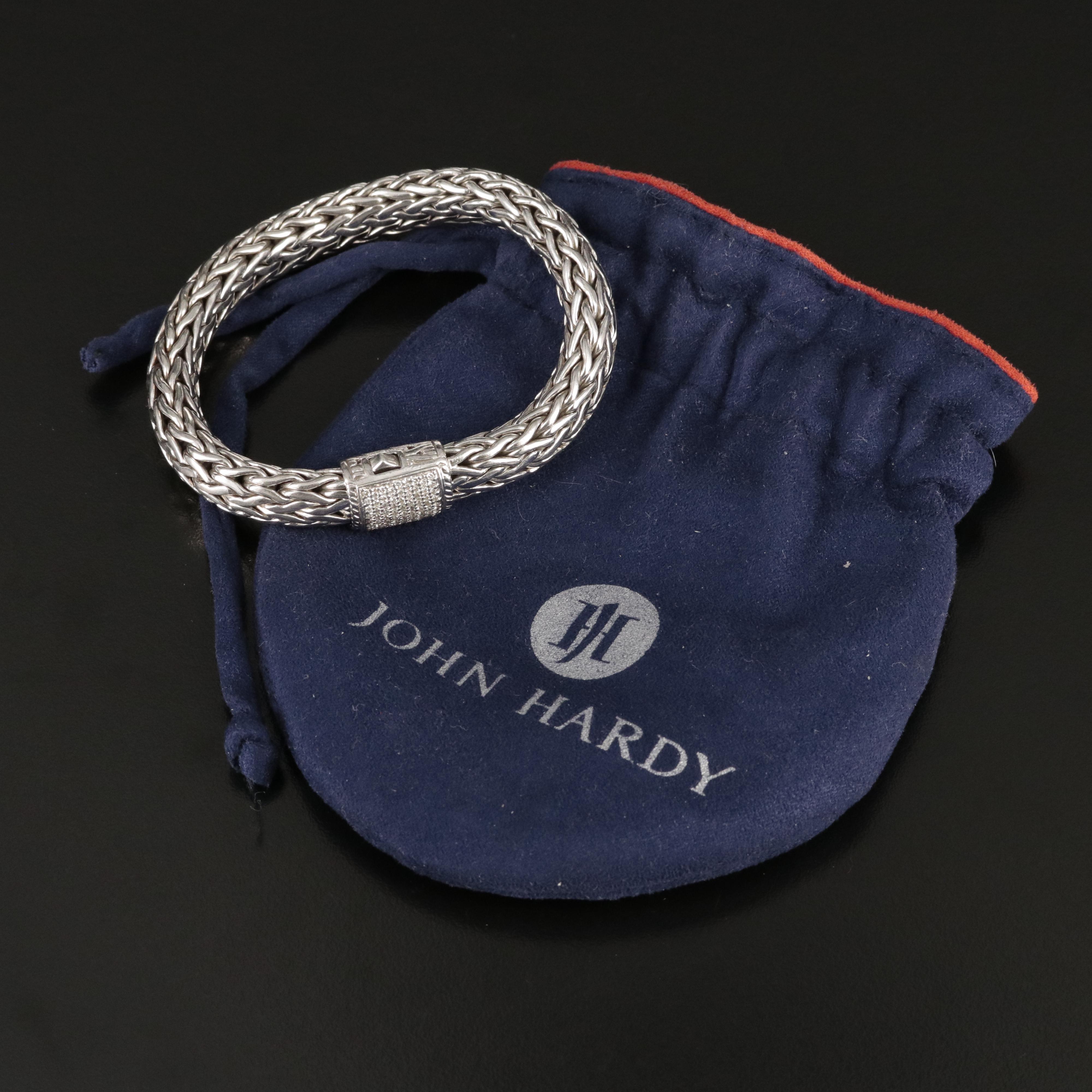 John Hardy "Classic" Large Chain Bracelet with Diamond Clasp in Sterling