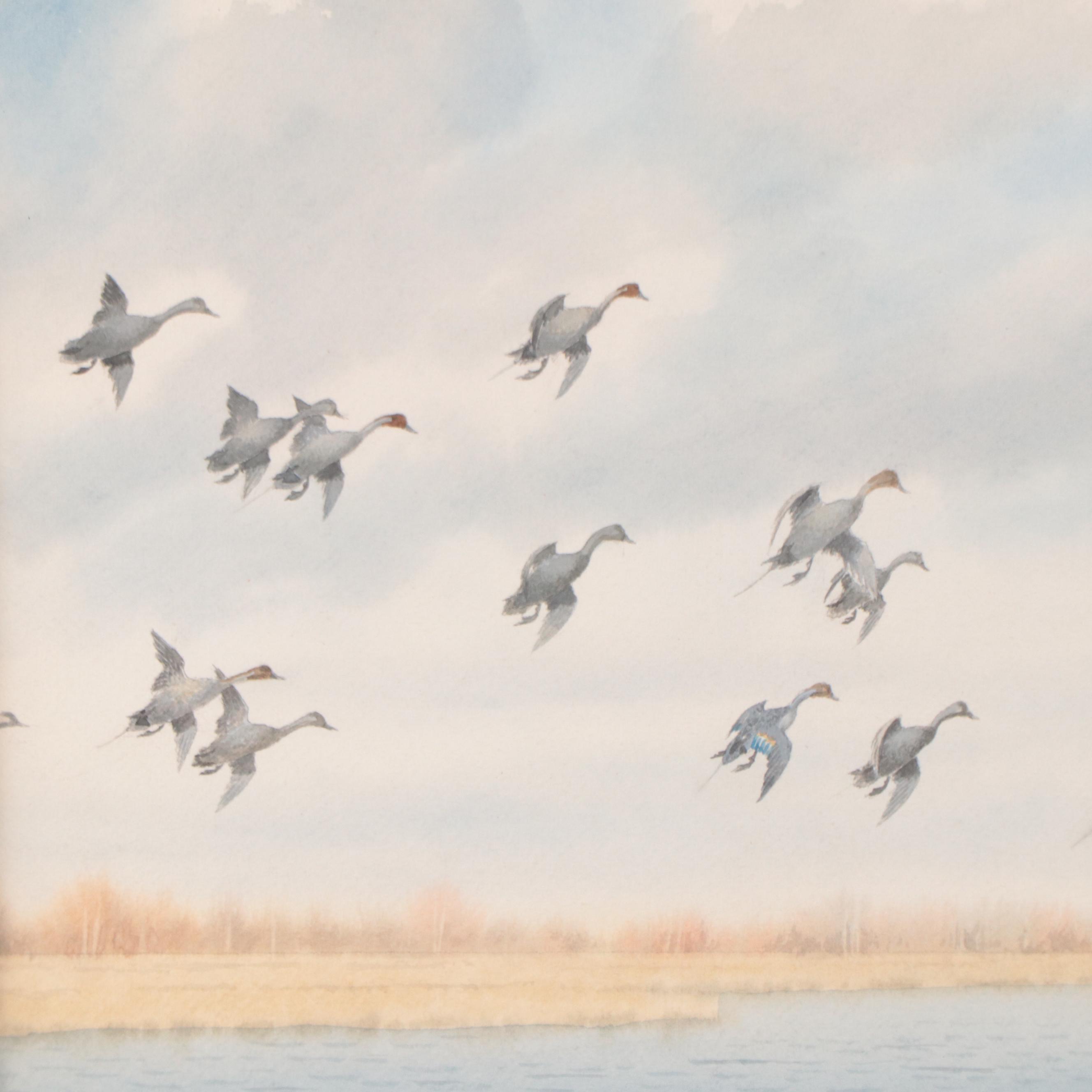 Joseph Day Knap Watercolor Painting of Flock of Geese, Early 20th Century