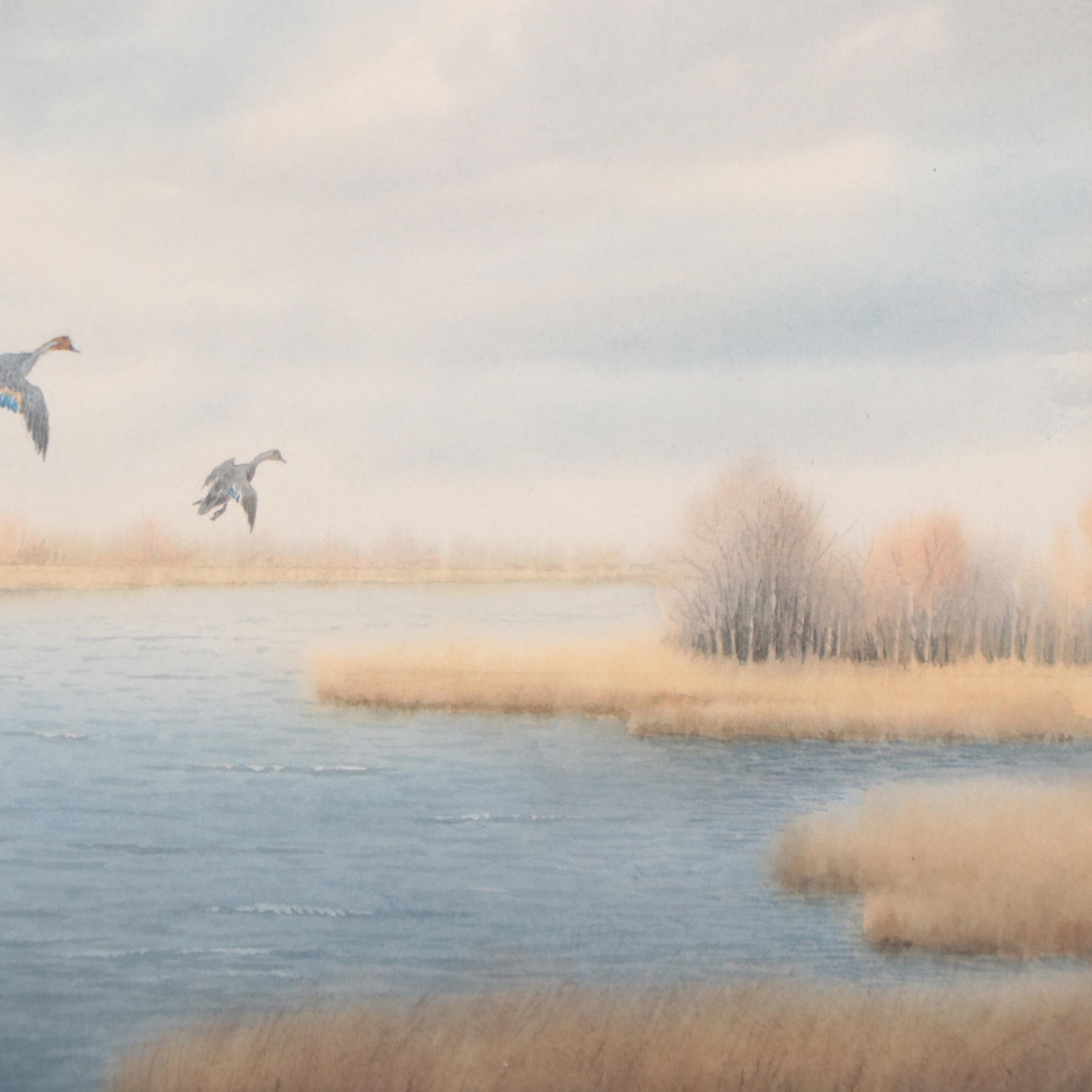 Joseph Day Knap Watercolor Painting of Flock of Geese, Early 20th Century