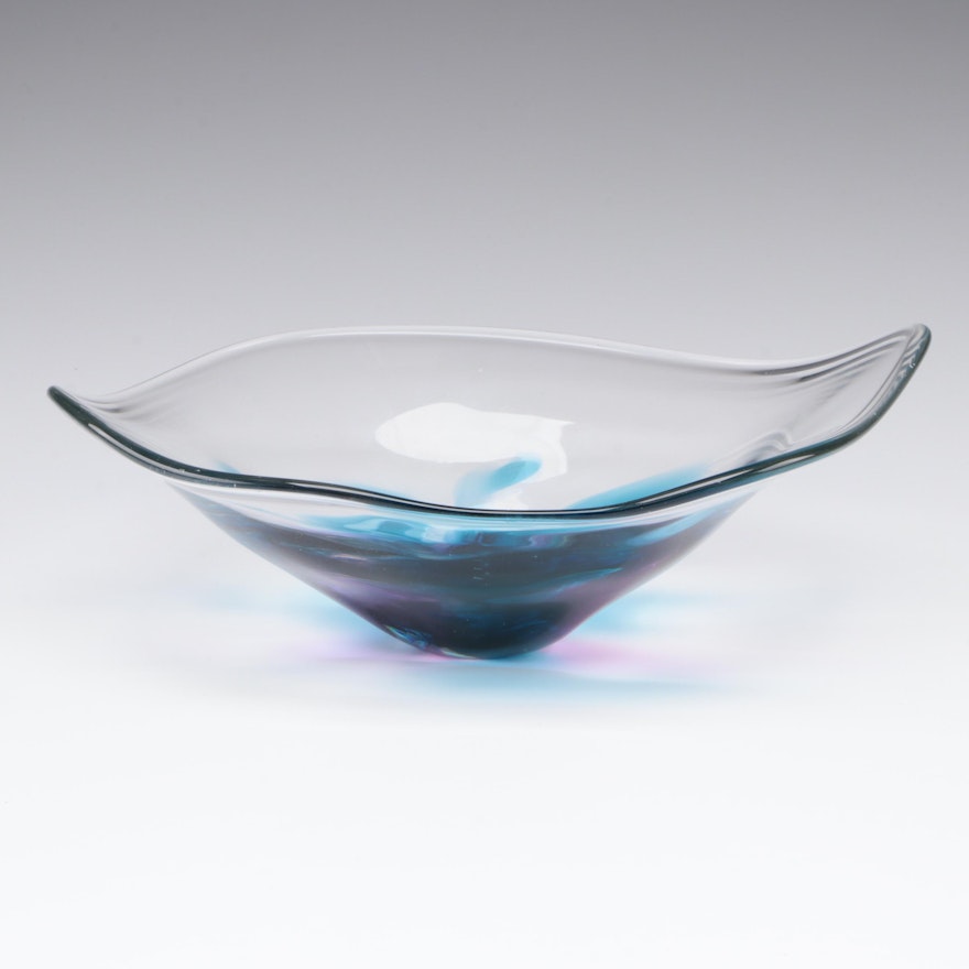 Lisa R. Rowe Irregular Lavender and Turquoise Art Glass Bowl, 1996
