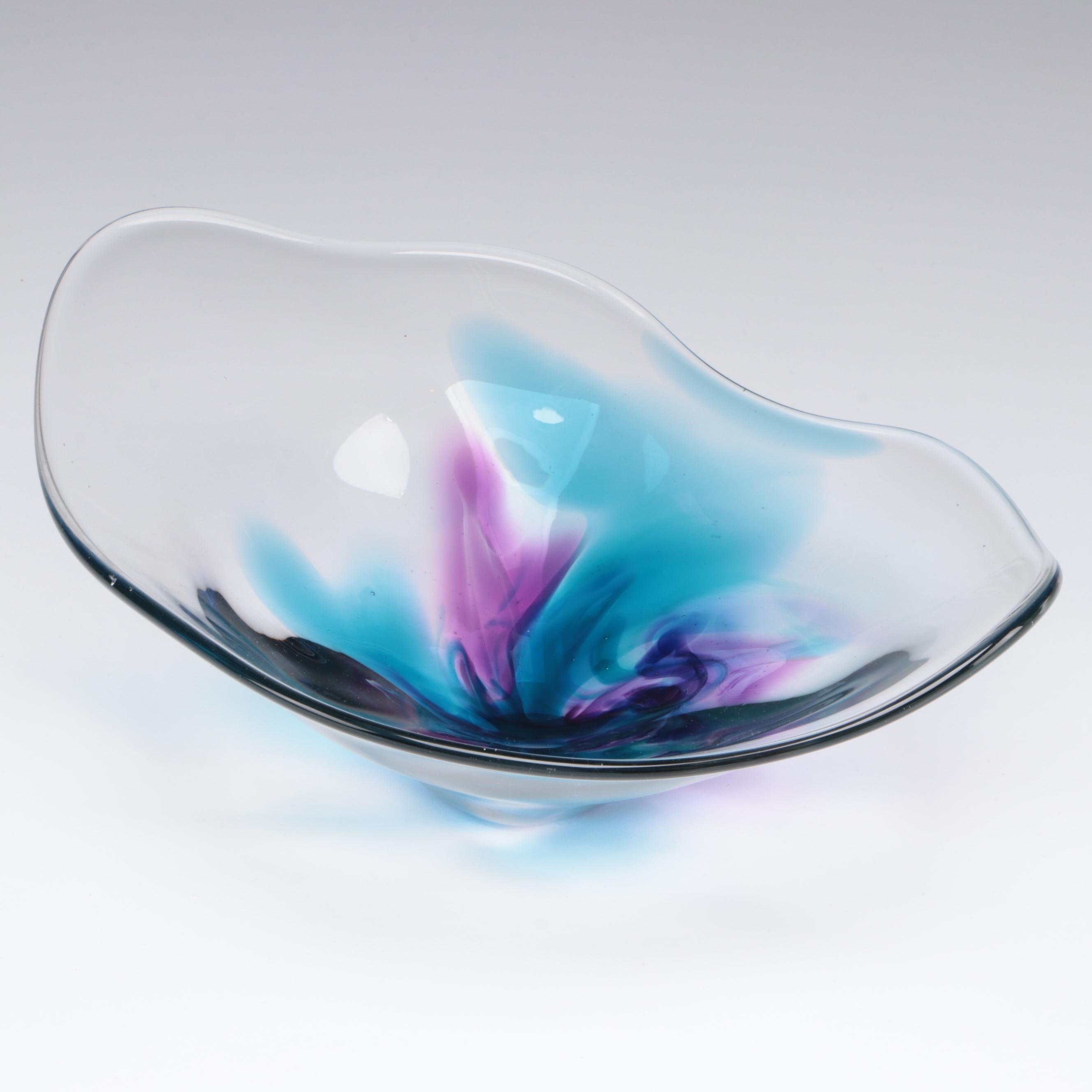Lisa R. Rowe Irregular Lavender and Turquoise Art Glass Bowl, 1996