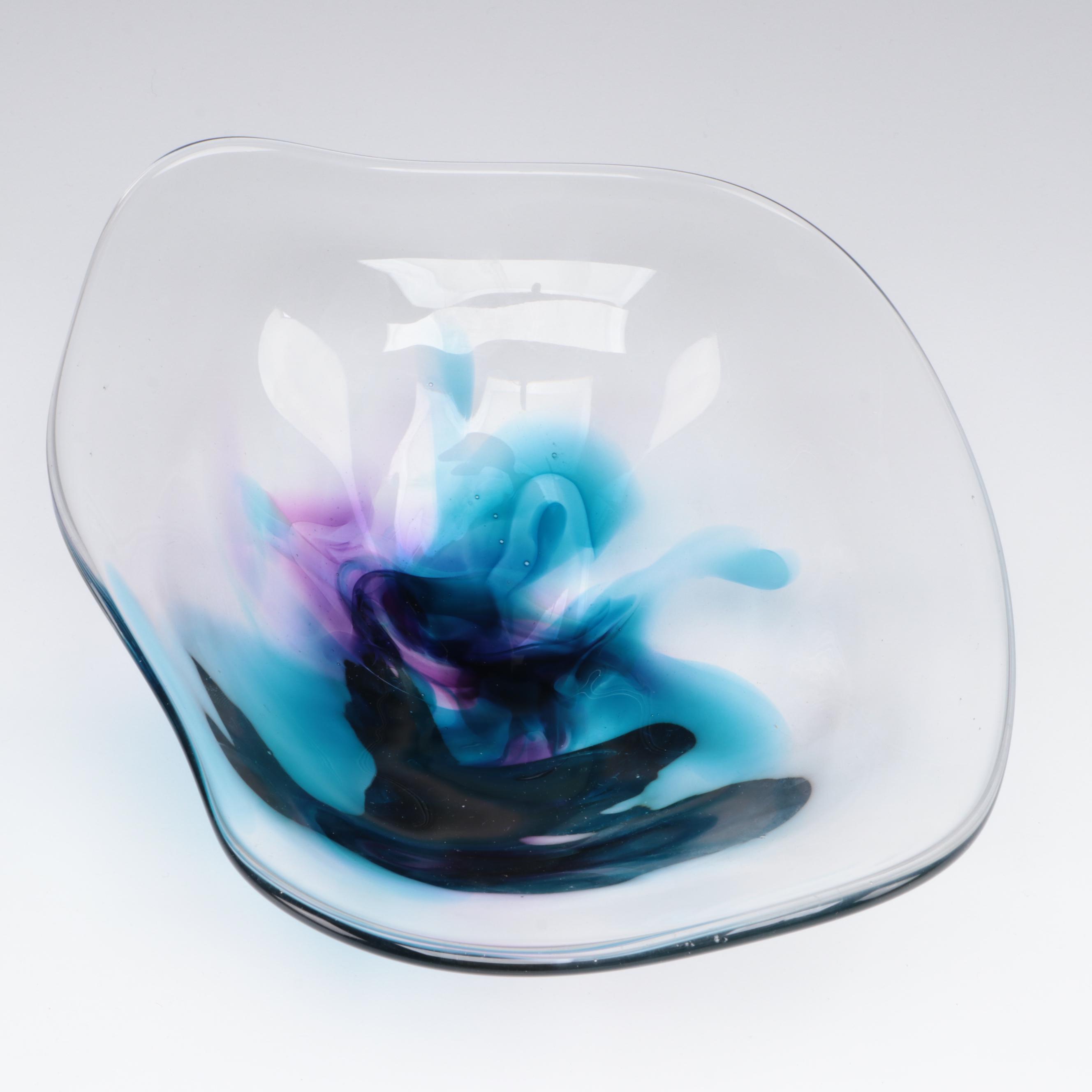 Lisa R. Rowe Irregular Lavender and Turquoise Art Glass Bowl, 1996