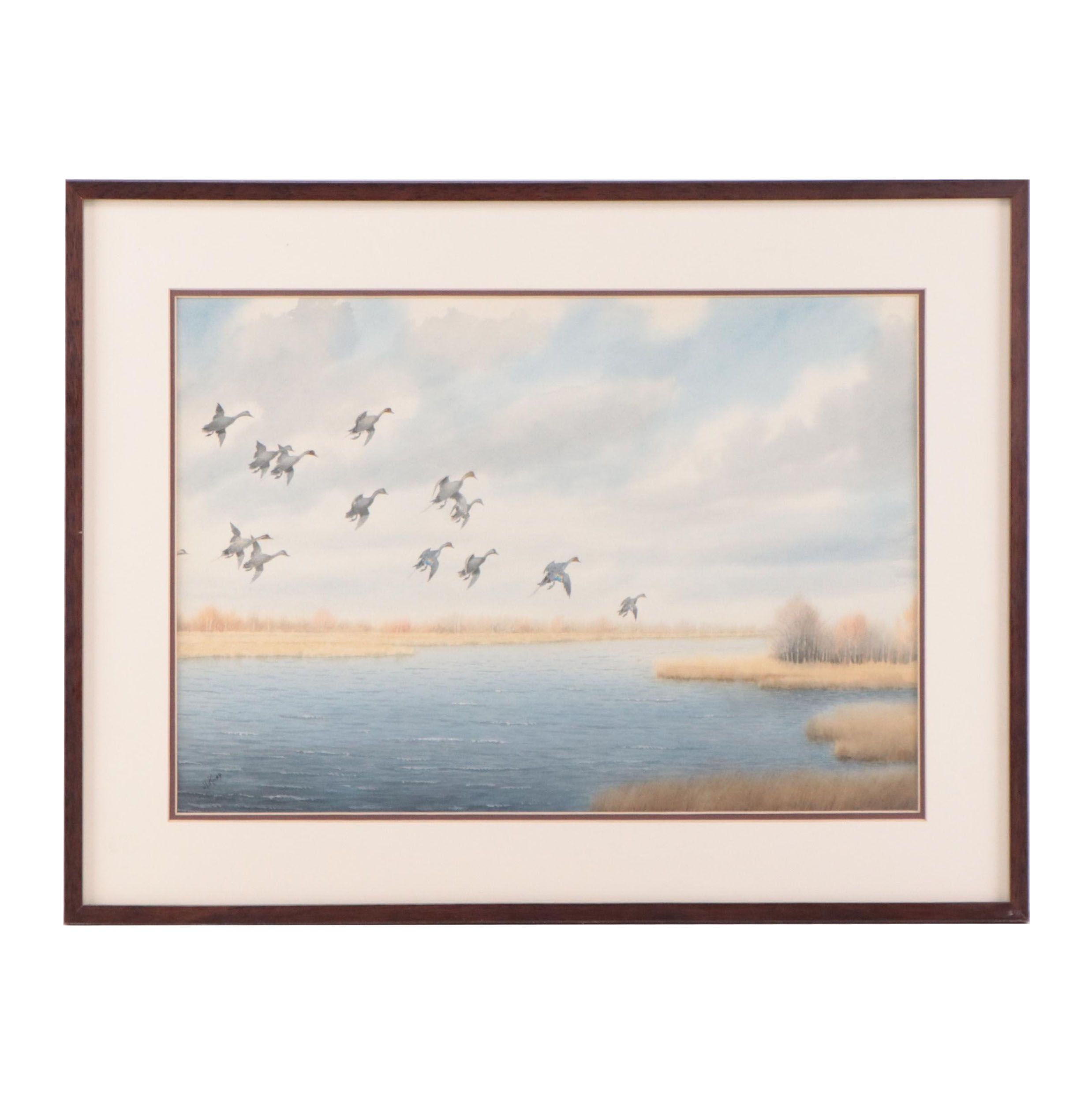 Joseph Day Knap Watercolor Painting of Flock of Geese, Early 20th Century