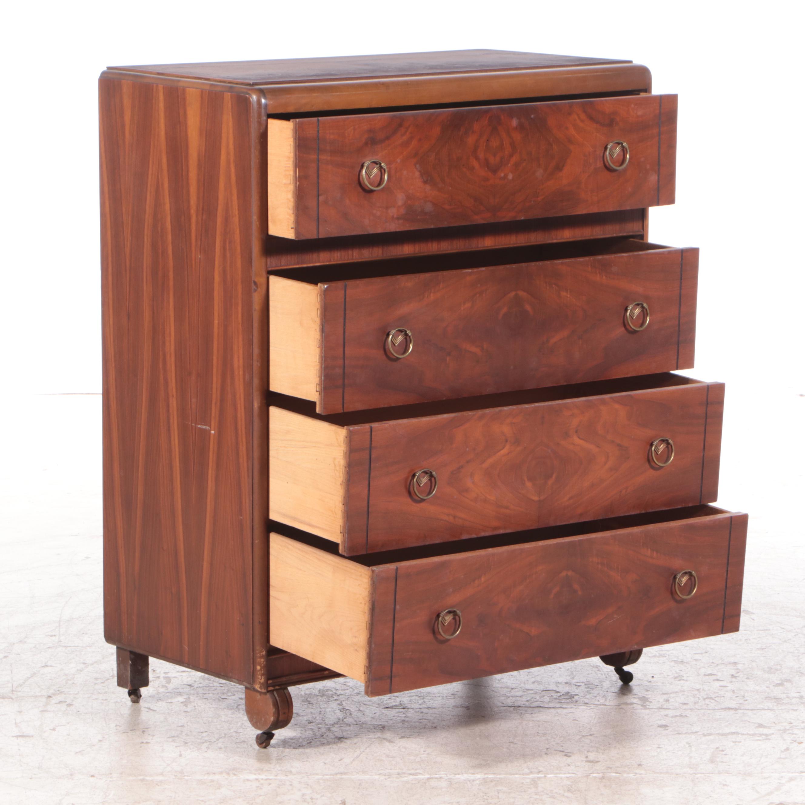 Figured Walnut Chest of Drawers with Ring Pulls, Mid-20th Century