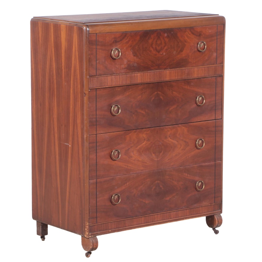 Figured Walnut Chest of Drawers with Ring Pulls, Mid-20th Century