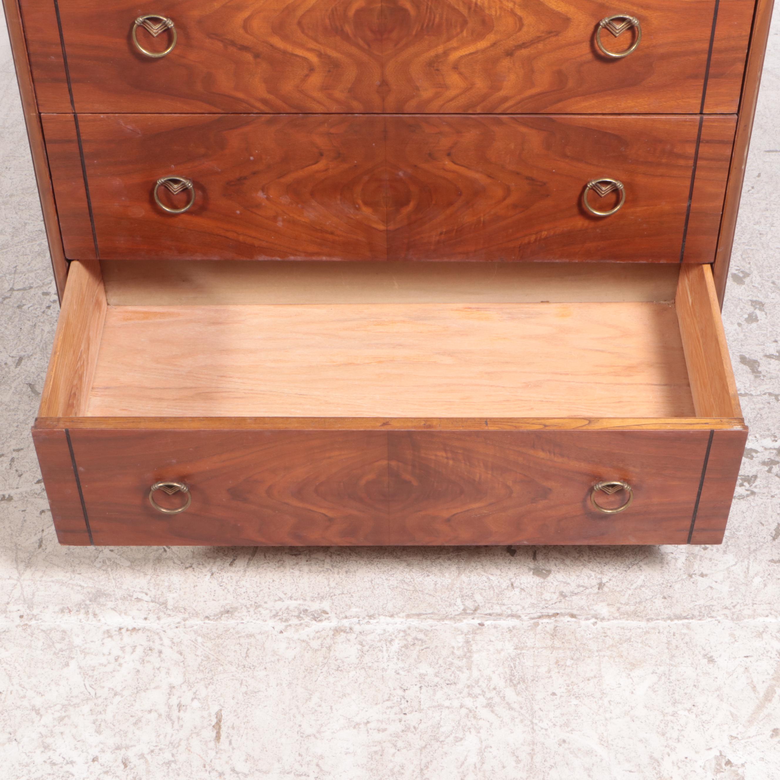 Figured Walnut Chest of Drawers with Ring Pulls, Mid-20th Century