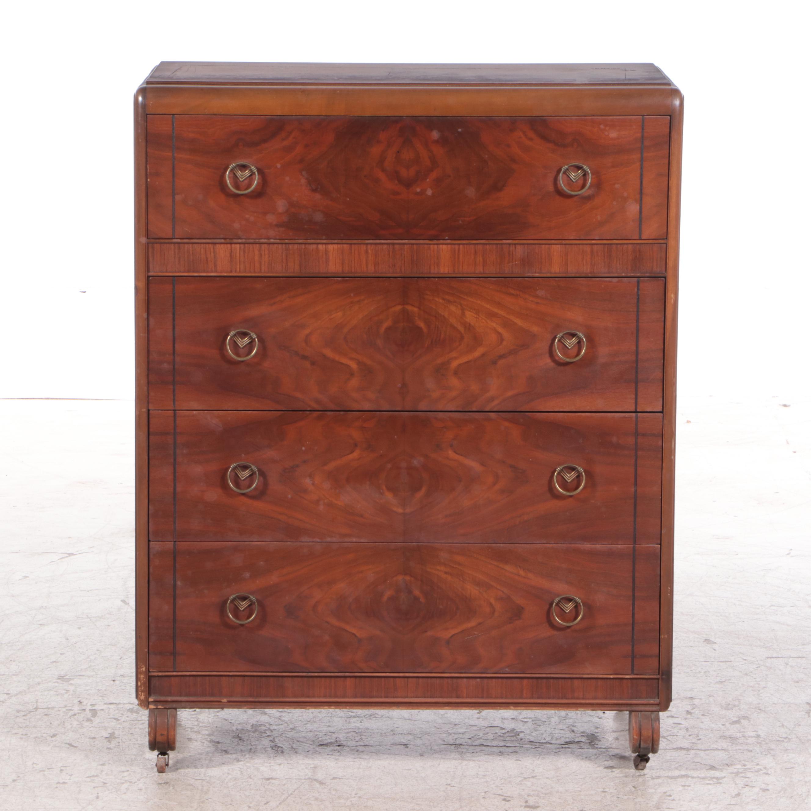 Figured Walnut Chest of Drawers with Ring Pulls, Mid-20th Century