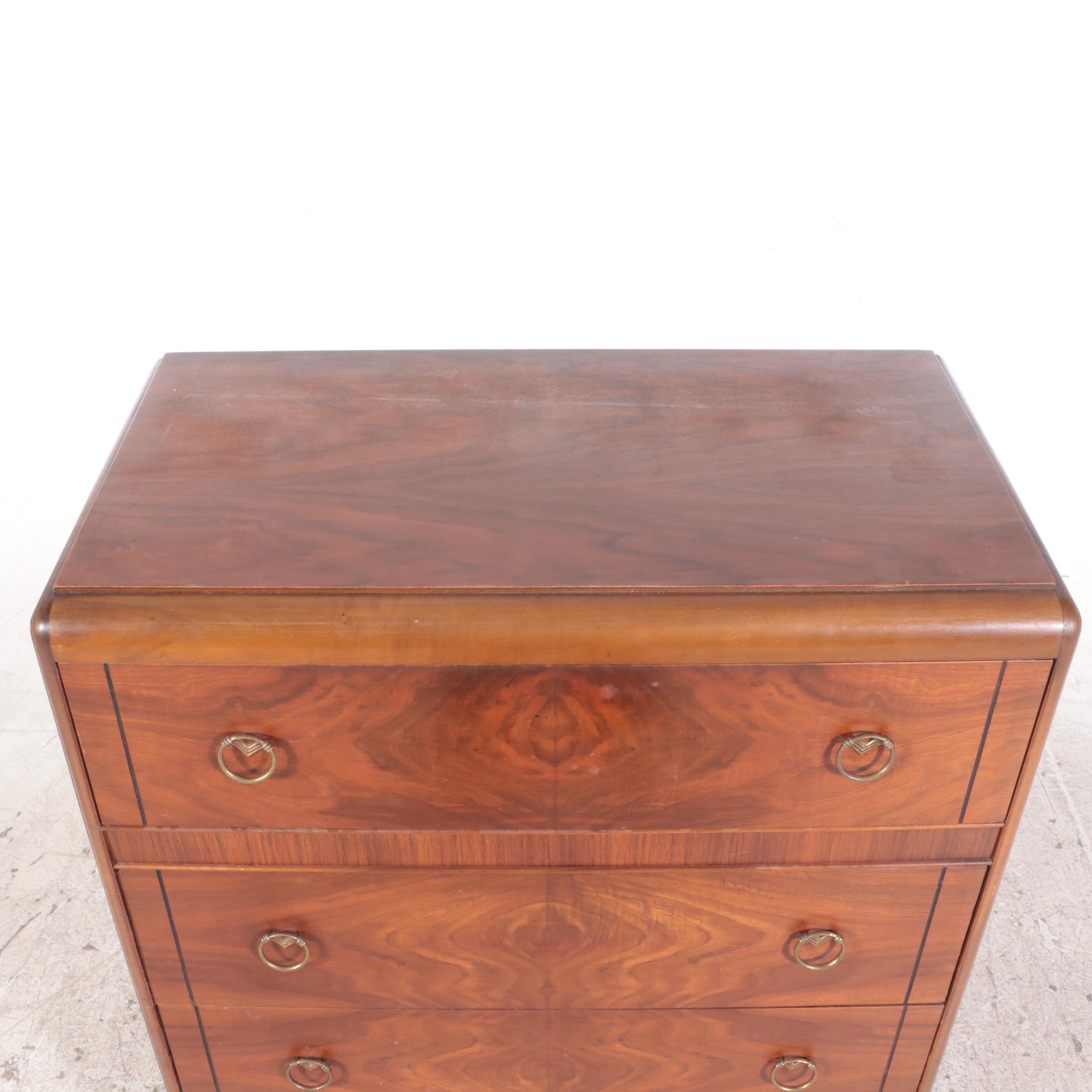 Figured Walnut Chest of Drawers with Ring Pulls, Mid-20th Century