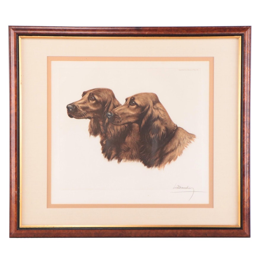 Léon Danchin Hand-Colored Etching With Aquatint of Setter Dog Portraits