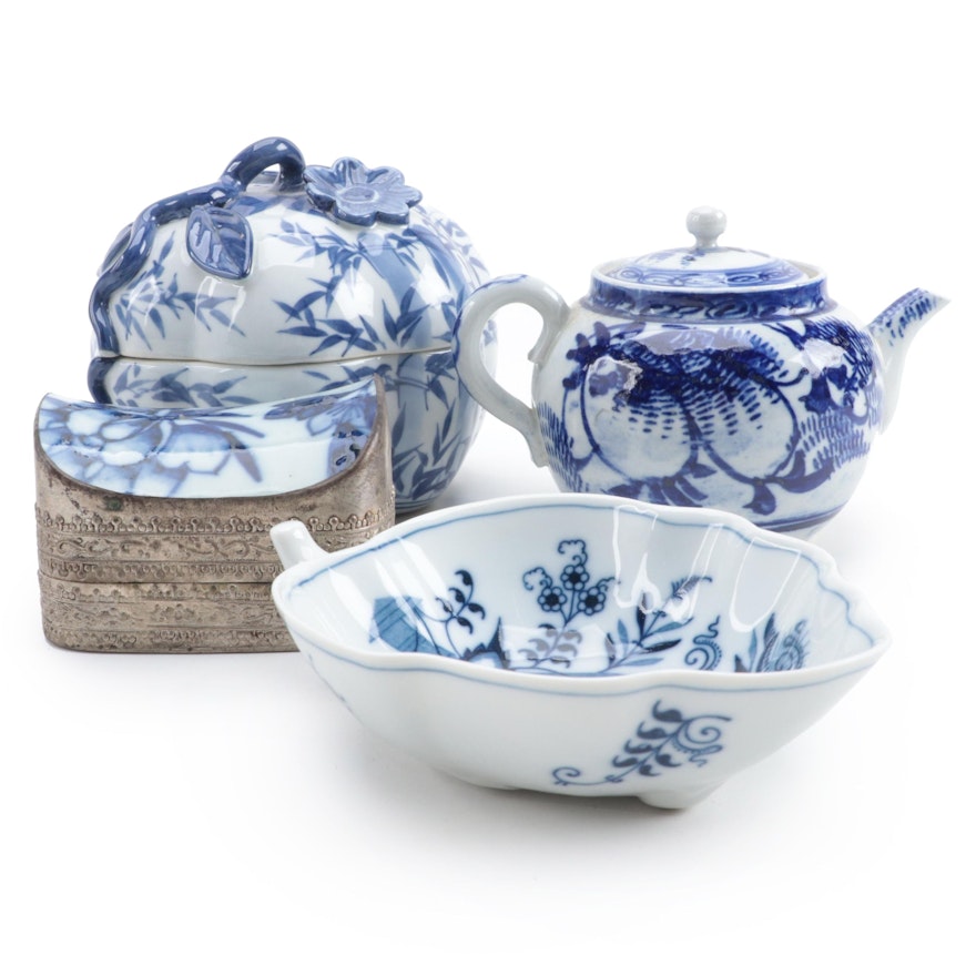 Japanese Blue and White Porcelain Teapot with Other Tableware