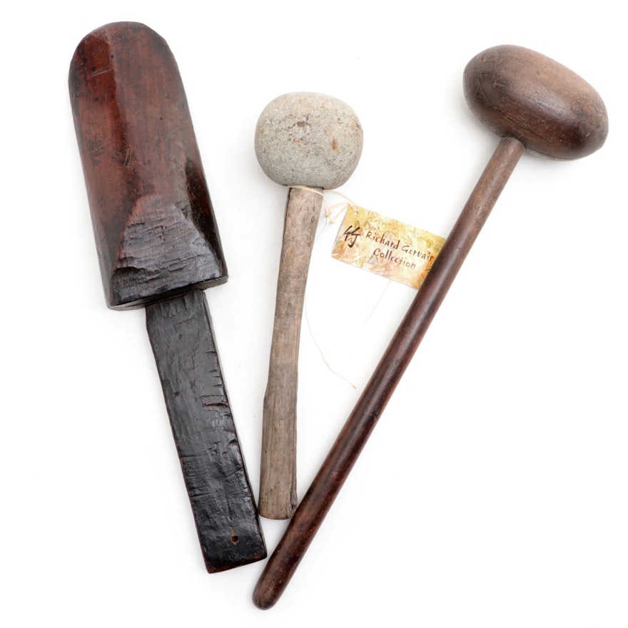 Filipino Stone Pestle and Wooden Mallet with Other Wooden Loom Post
