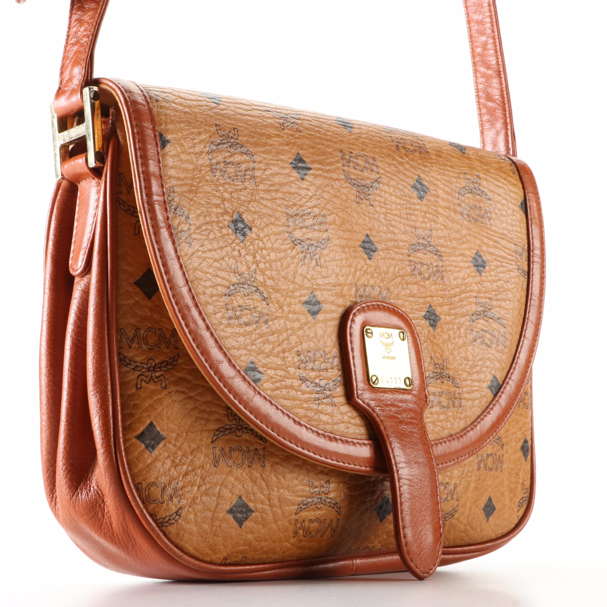MCM Accordion-Style Crossbody Bag in Cognac Monogram Visetos and Leather