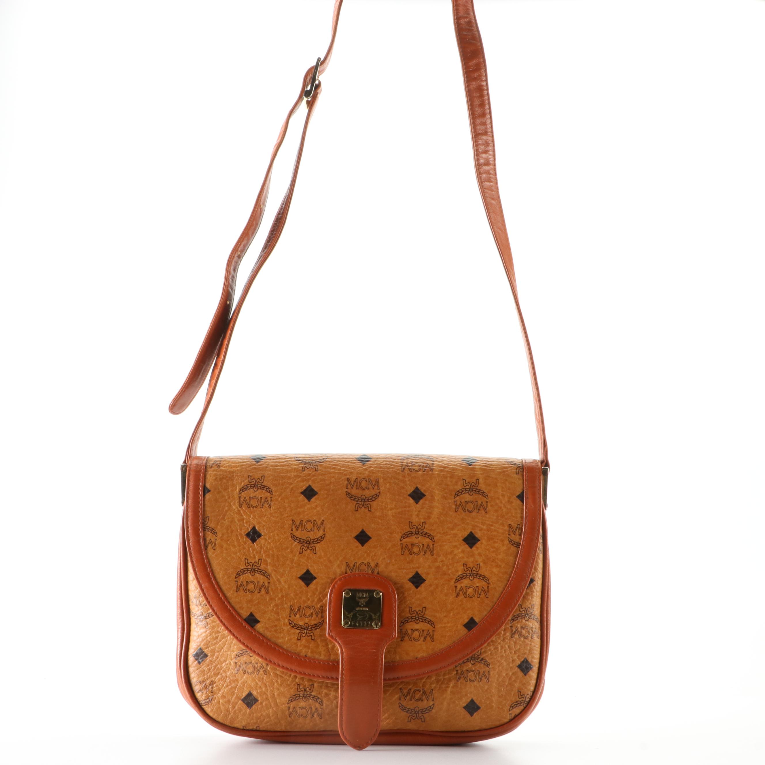 MCM Accordion-Style Crossbody Bag in Cognac Monogram Visetos and Leather