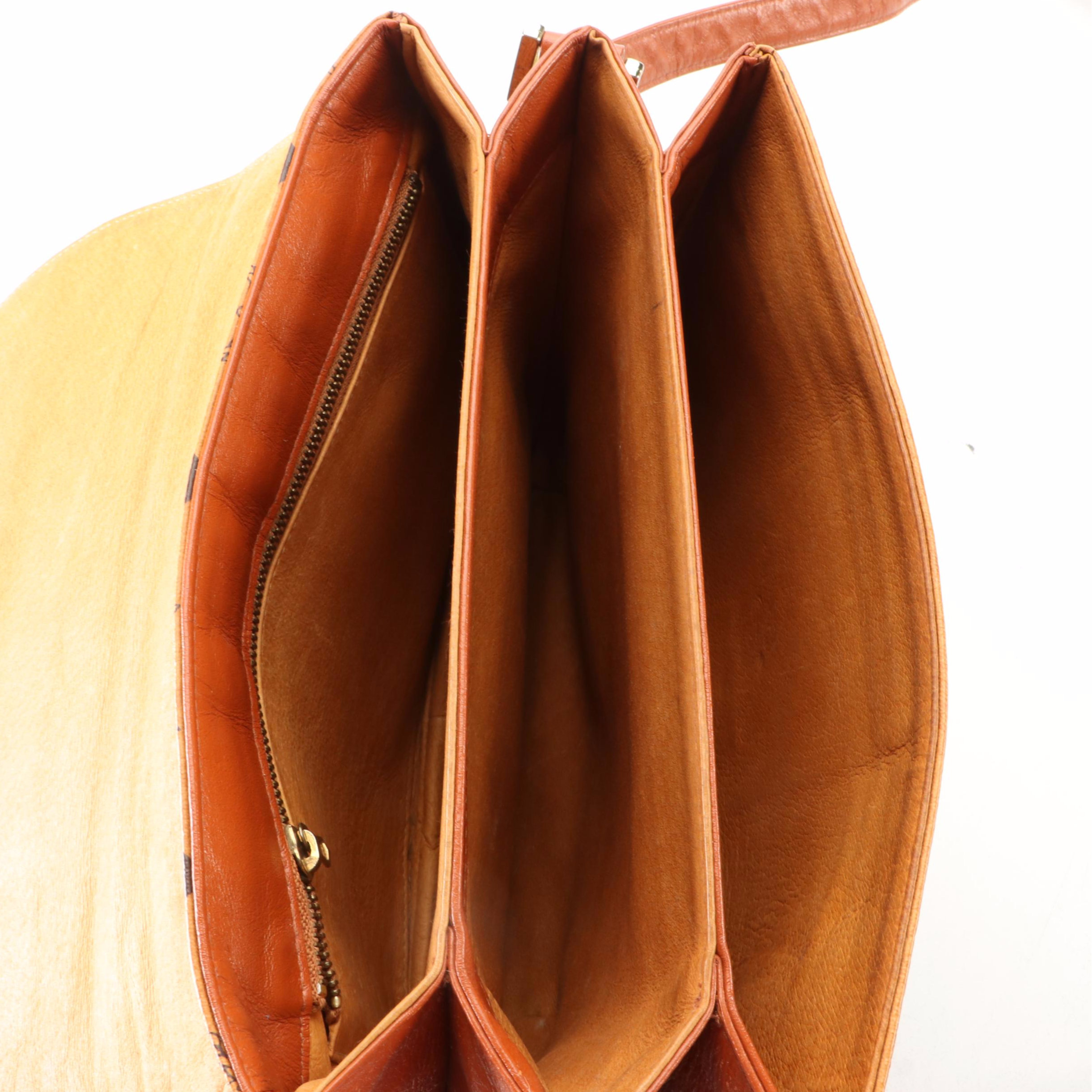 MCM Accordion-Style Crossbody Bag in Cognac Monogram Visetos and Leather