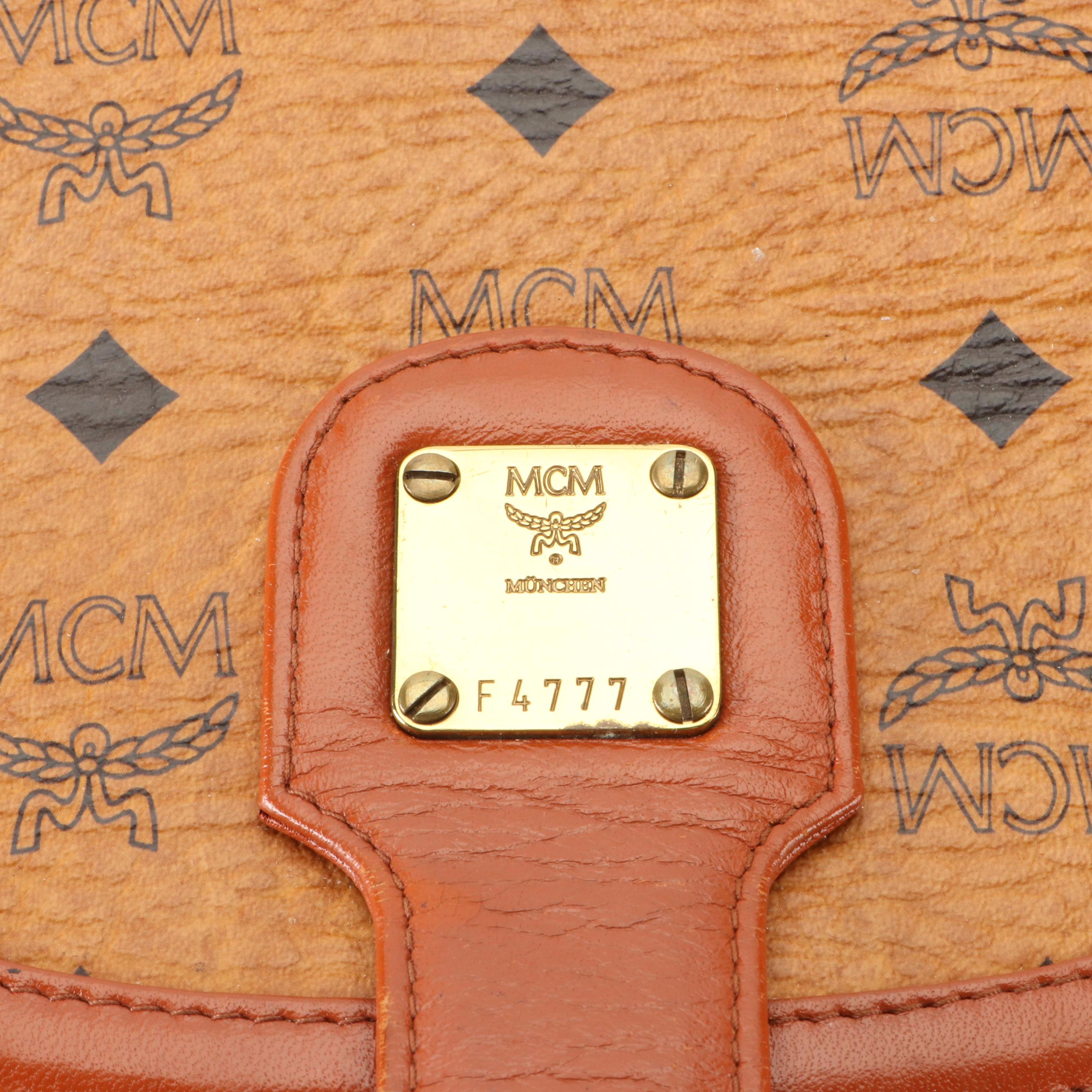 MCM Accordion-Style Crossbody Bag in Cognac Monogram Visetos and Leather