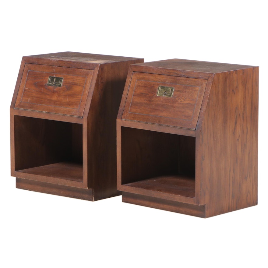 Pair of Henredon Campaign Style Brass-Mounted Oak Nightstands