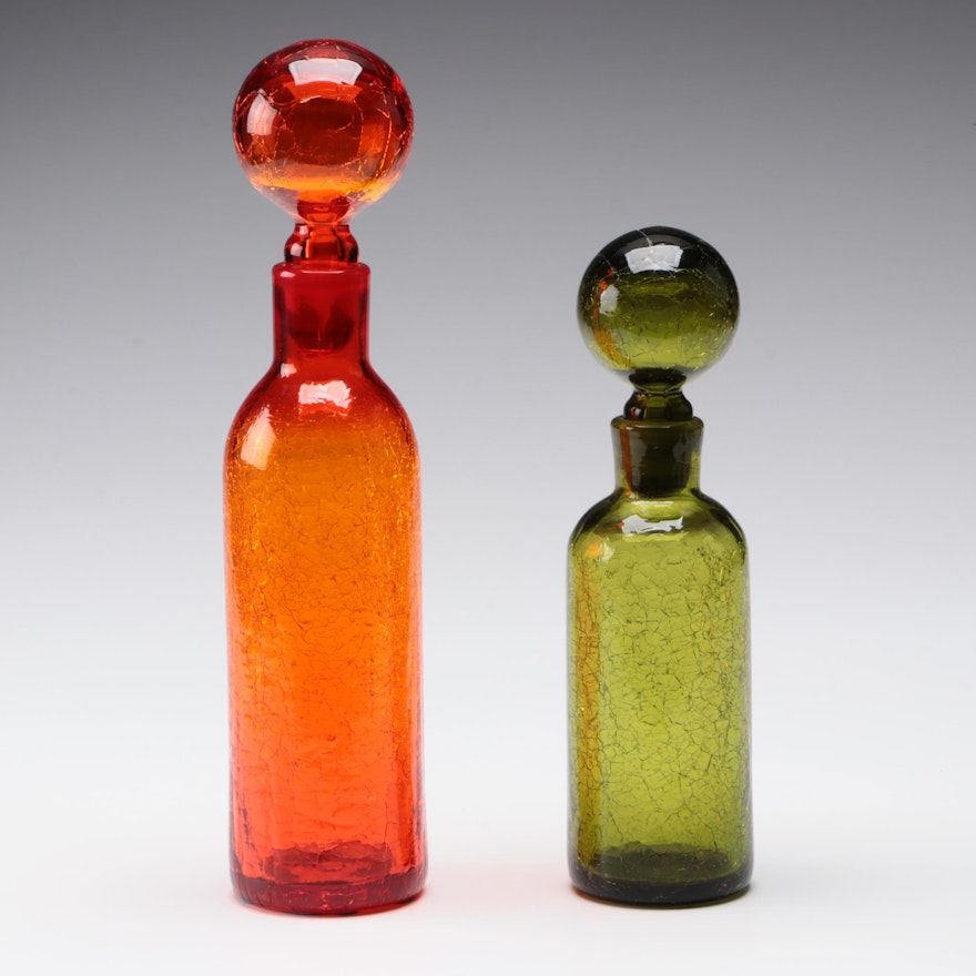 Blenko Crackle Glass Ball Stopper Decanters, Mid to Late 20th Century