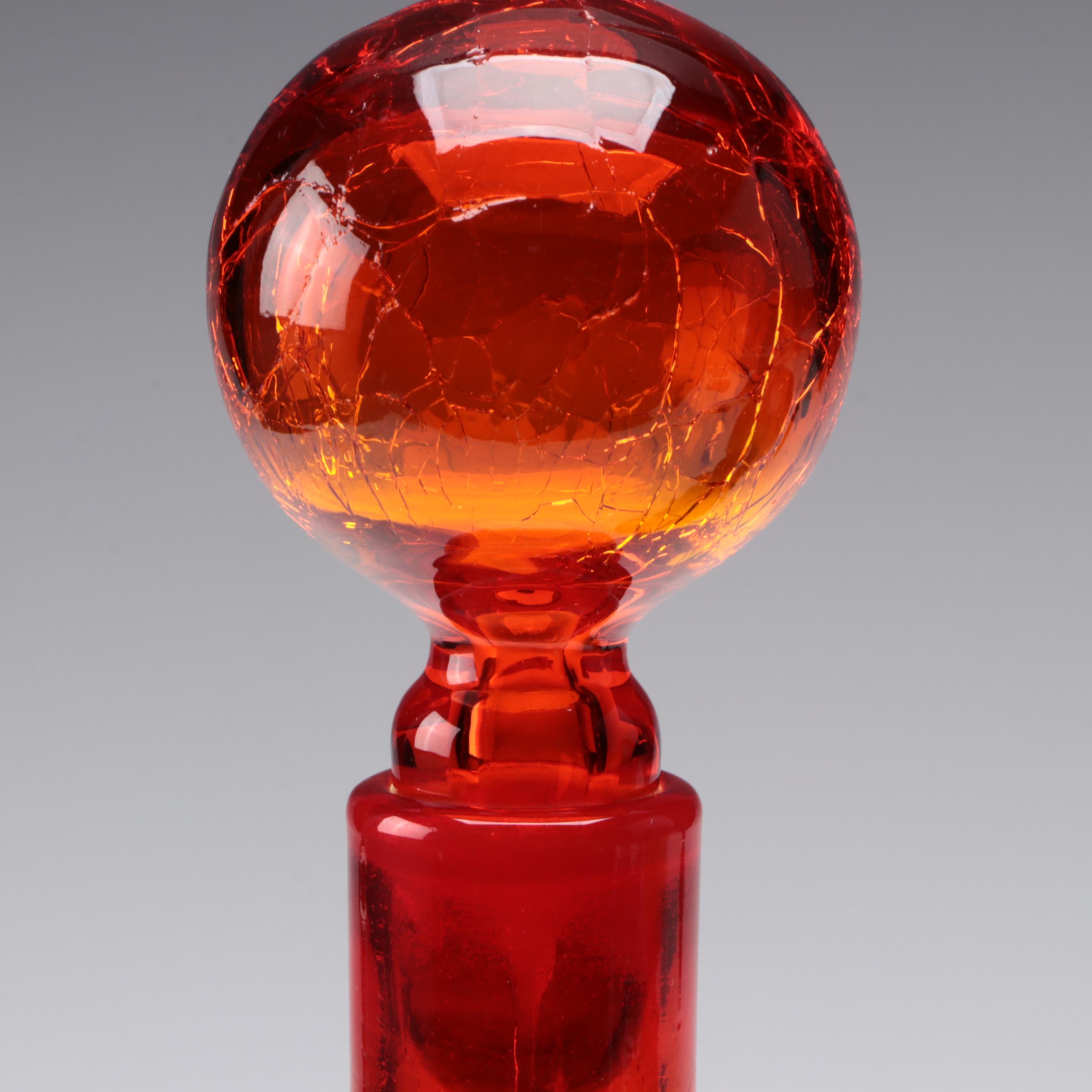 Blenko Crackle Glass Ball Stopper Decanters, Mid to Late 20th Century