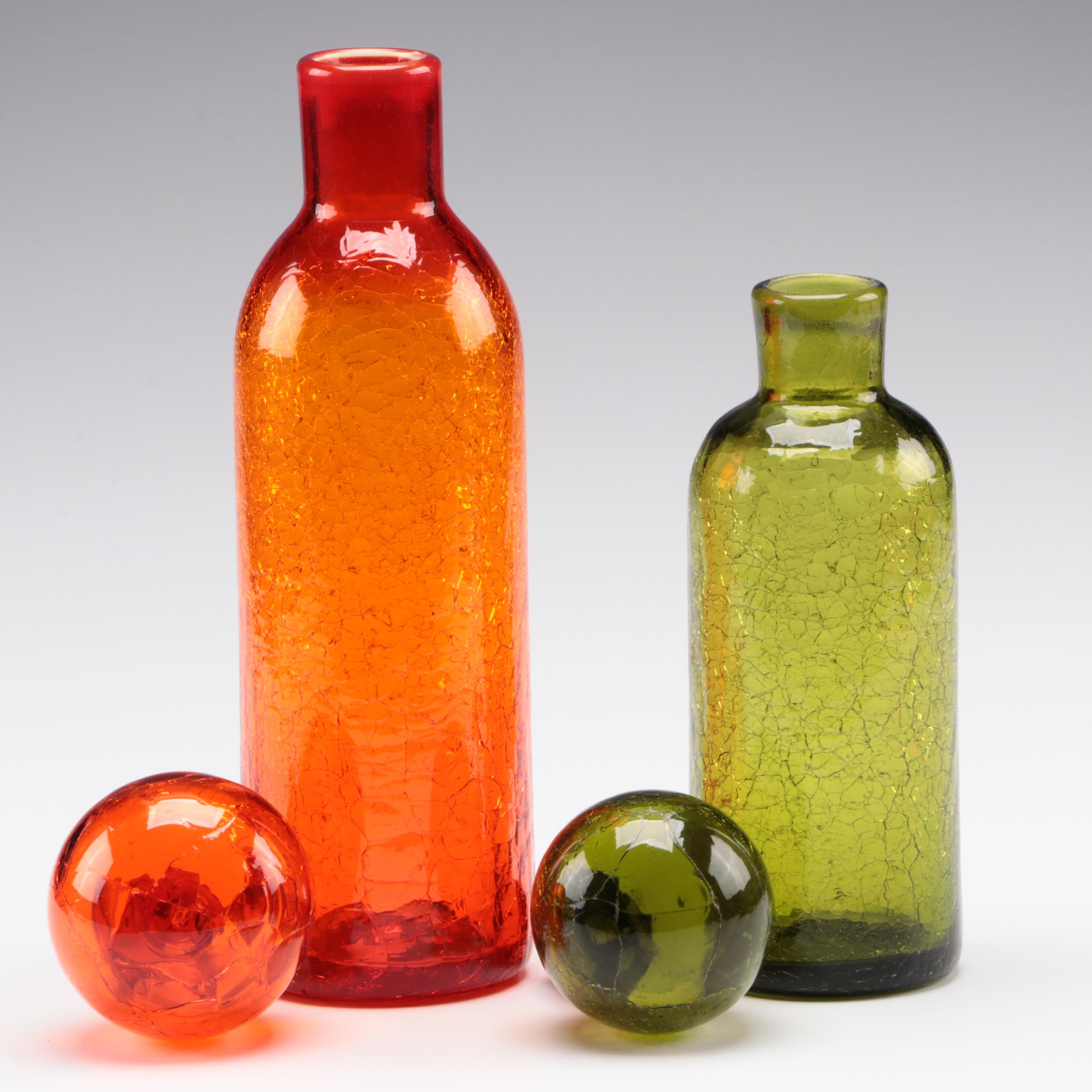 Blenko Crackle Glass Ball Stopper Decanters, Mid to Late 20th Century