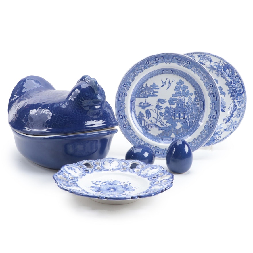 Blue Taylor & NG Chicken Tureen, Salt and Pepper with Spode and Other Plates