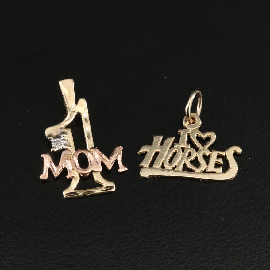 14K 0.01 CTW Diamond "# MOM" Pendant and 14K "I Love Horses" Pendant